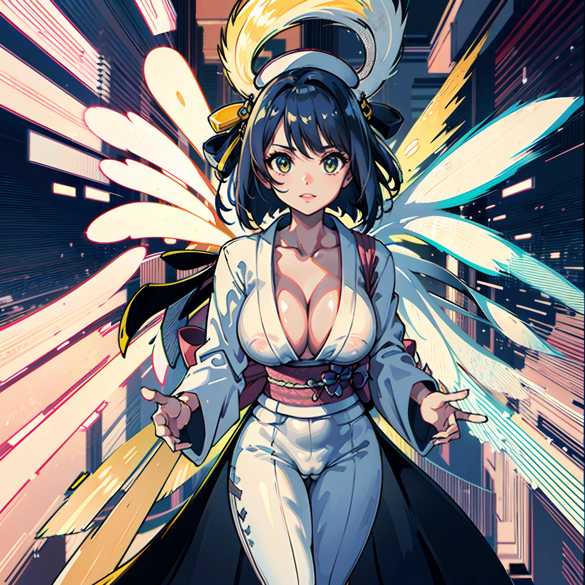 A girl wearing kimono , ecchi, milf, curvy, Osaka town, (large boobs:1.3), juicy cameltoe, erected  , spiky rainbow hair, Masterpiece, milf, onegai teacher, curvy, juicy cameltoe, Kyoto city background, yakuza style, (cleavage view:1.3), hiding her beautiful hands, game cover art, illustration, ((masterpiece)), (((best quality))), UHD, highres, 8k, best quality, high details, anatomically correct