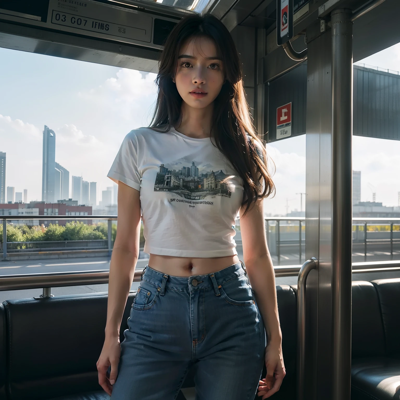 highest quallity, illustration, ultra detailed, (detailed face), (detailed eyes), soft lighting, best quality, hazy glow, dreamy atmosphere, hyper detailed, masterpiece, 1girl, solo, stand up, half body, t shirt, jeans, abs, muscle, outdoors, morning, clouds, tall buildings in background, industrial, public transportation, urban, concrete buildings
