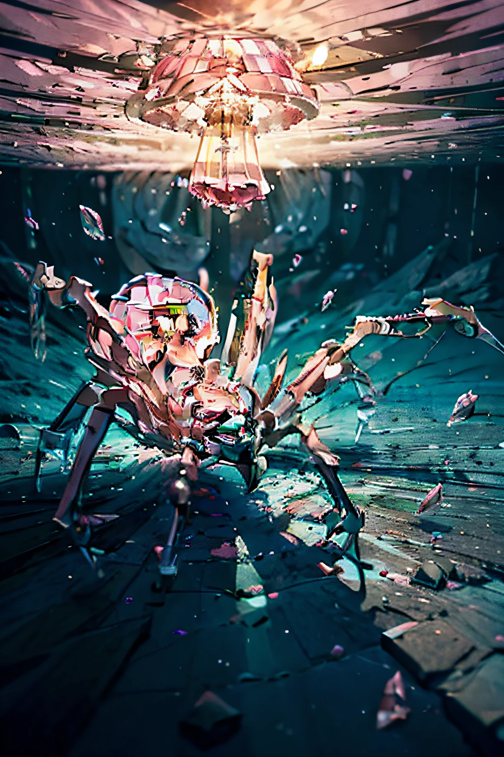Imagine uma aranha monstruosa feita inteiramente de morganita rosa, com um corpo esculpido em detalhes intrincados para ressaltar sua cor suave e delicada. Its long, sinuous legs are carved in translucent pink morganite, emitindo um brilho suave e convidativo. Seus olhos, encrusted with pieces of cut pink morganite, brilham com um tom rosado intenso. As the spider moves, A trail of pink glow is left behind, creating an impressive and attractive presence.