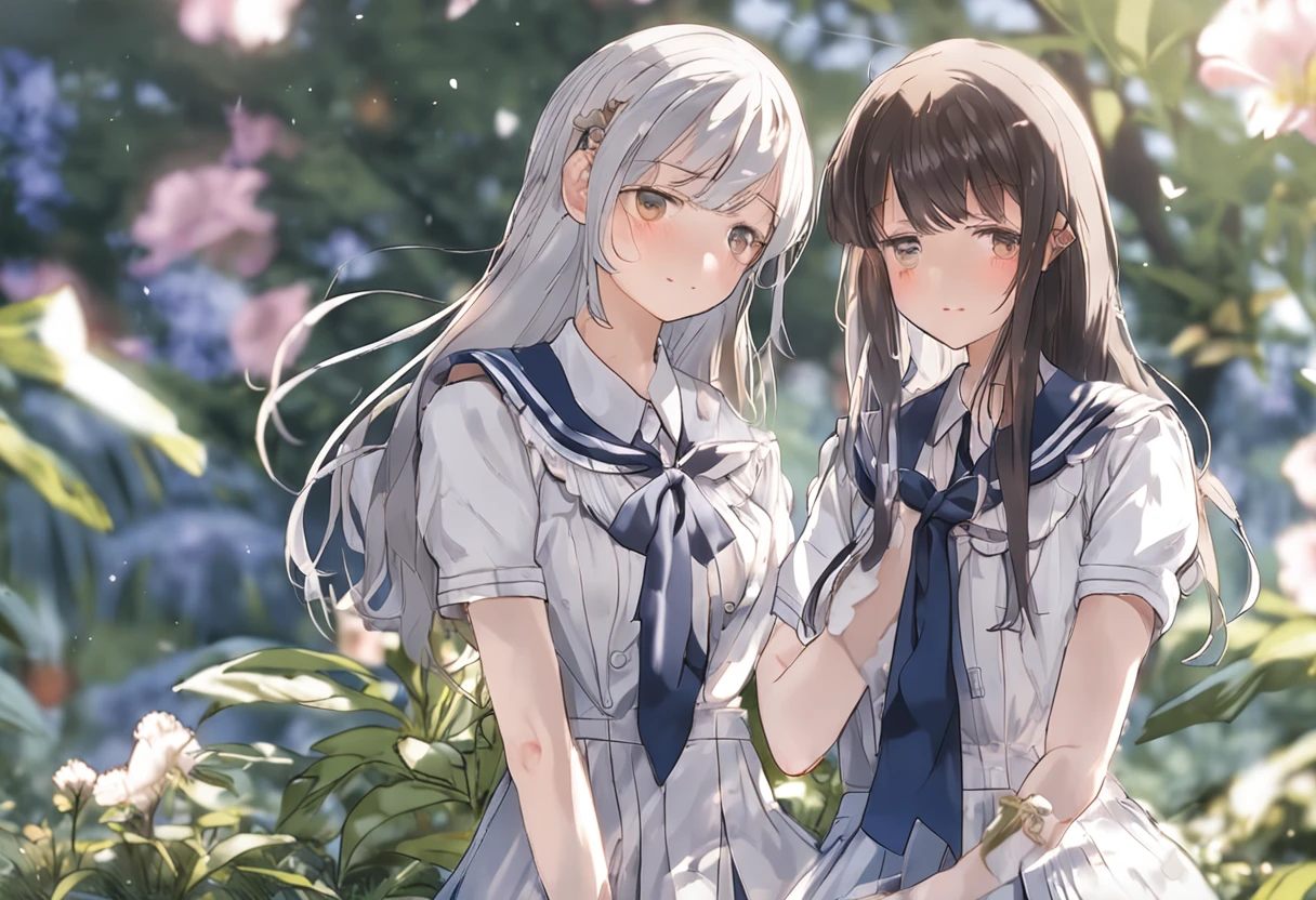ulzzang-6500-v1.1, (highest quality, masterpiece), (raw photo: 1.2), (photorealistic: 1.4), highest quality, master, illustration, very tasty and beautiful, highly detailed CG, unity, 8k wallpaper, amazing, fine details, master masterpiece, best quality, official art, highly detailed CG unified 8k wallpaper, huge file size, Very detailed, high resolution, two girls, (snugly next to each other without separation between characters), (no breaks in a piece), teens to thirties, (representation of the human body based on precise anatomy), intricate details, (wearing the school girl's uniform with a shorter skirt length Japan), (neat white blouse and super mini navy blue tartan check pleated skirt), (( Smooth white bodysuit with navy blue sailor collar clothes and navy blue pleated mini skirt)), all buttons fastened, blonde, ((very big breasts)), (woman with very big), (big so the clothes are cramped and braless), (big buttocks), (thin thighs), very beautiful eyes, bright ultramarine eyes, (detailed pupils reflecting light), ( The iris of the eye is drawn with fine patterned details), natural eyeshadow, realistic shading on the body assuming a light source, cute girl and mature beauty, whitening skin, baby face, (various poses before and after standing or squatting or sleeping), blush, ecstatic expression, troubled expression, smile, many races, (skirt up), panties visible, (white panties), ( Sitting and opening your legs), (((Put your hands between your legs and open your mouth with half an eye))), Long hair braided in part, hugging a person next to you and touching your cheek, Holding hands, Touching the cheeks of other subjects, (In any pose, the skirt is always twisted by the wind or hands so that the pants or buttocks are fully visible), NSFW, beautiful garden with flowers, clear sunshine,