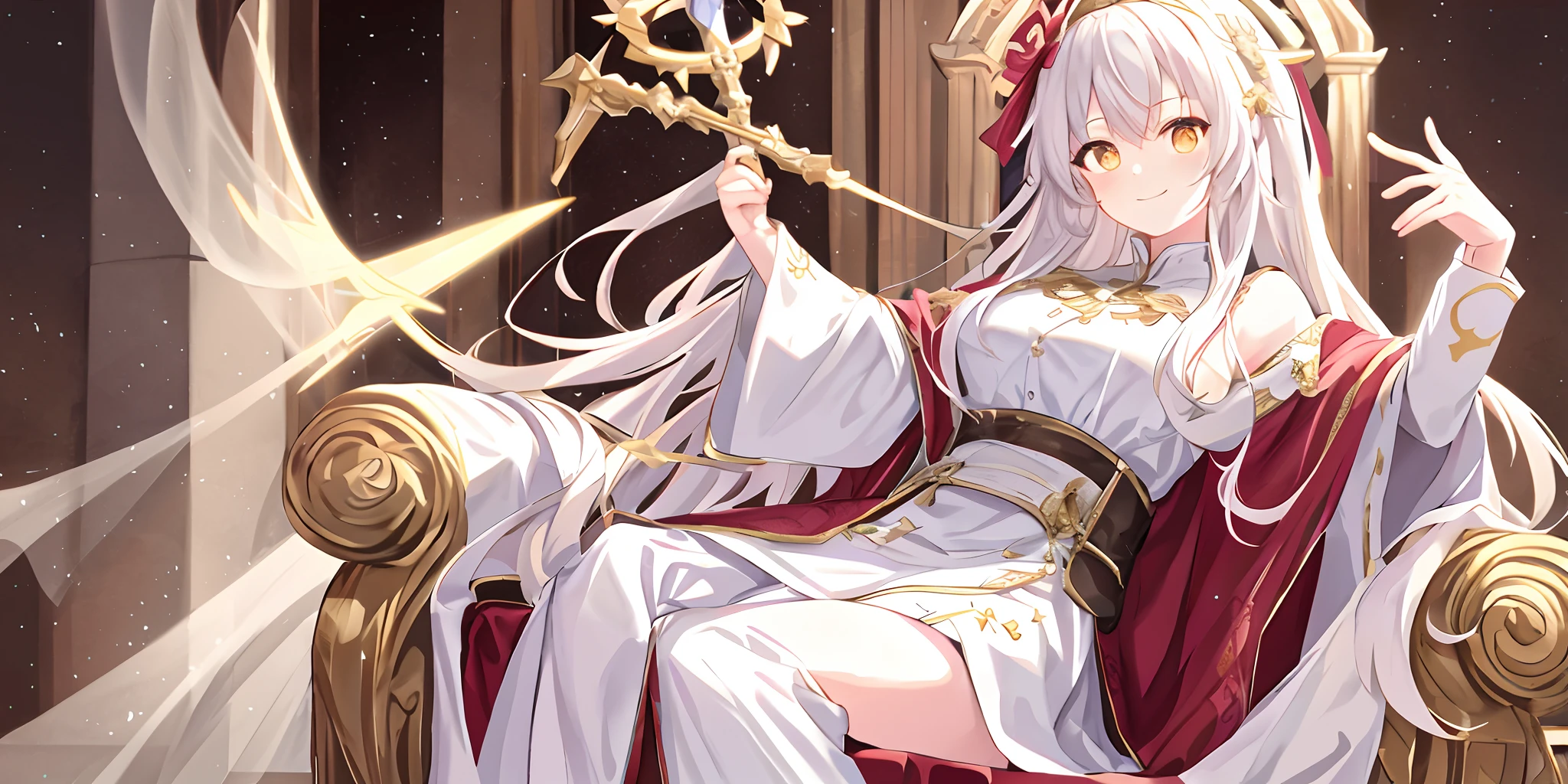 Pope full body,Poor milk,On the scepter,seated on a throne,((A big, Light white robe,The pattern is complex)),red shawl(1个Giant Breast Girl),(独奏),(cute anime face),Gold eyes,long white hair,ssmile,The halo,(Sit on a low throne),In a magnificent castle,A high resolution