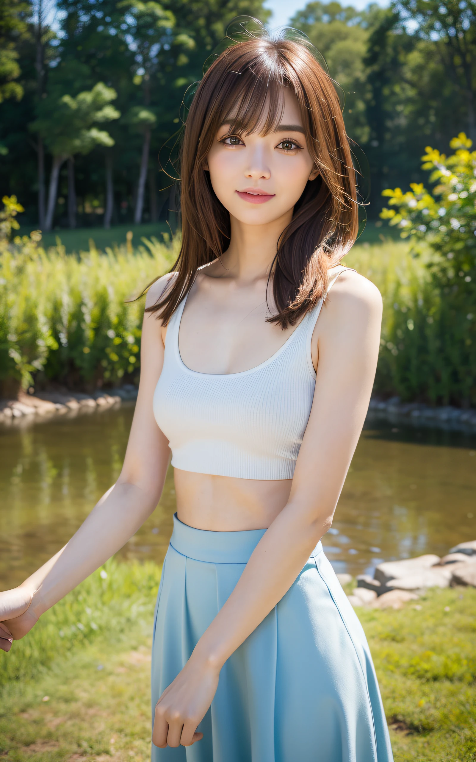 ((top-quality、8k masterpieces:1.3))、(ultra beautiful faces:1.0)、(shinny skin:1.0)、photos realistic、Brown hair, Shoulder-length straight hair swaying in the wind, Bangs, Video Lighting、High-definition eyes and face、1 japanese girl, Neat and clean beauty, Tank top, Long skirt, Cute, from the front side、medium breasts、A slight smile, Forest lake with morning mist