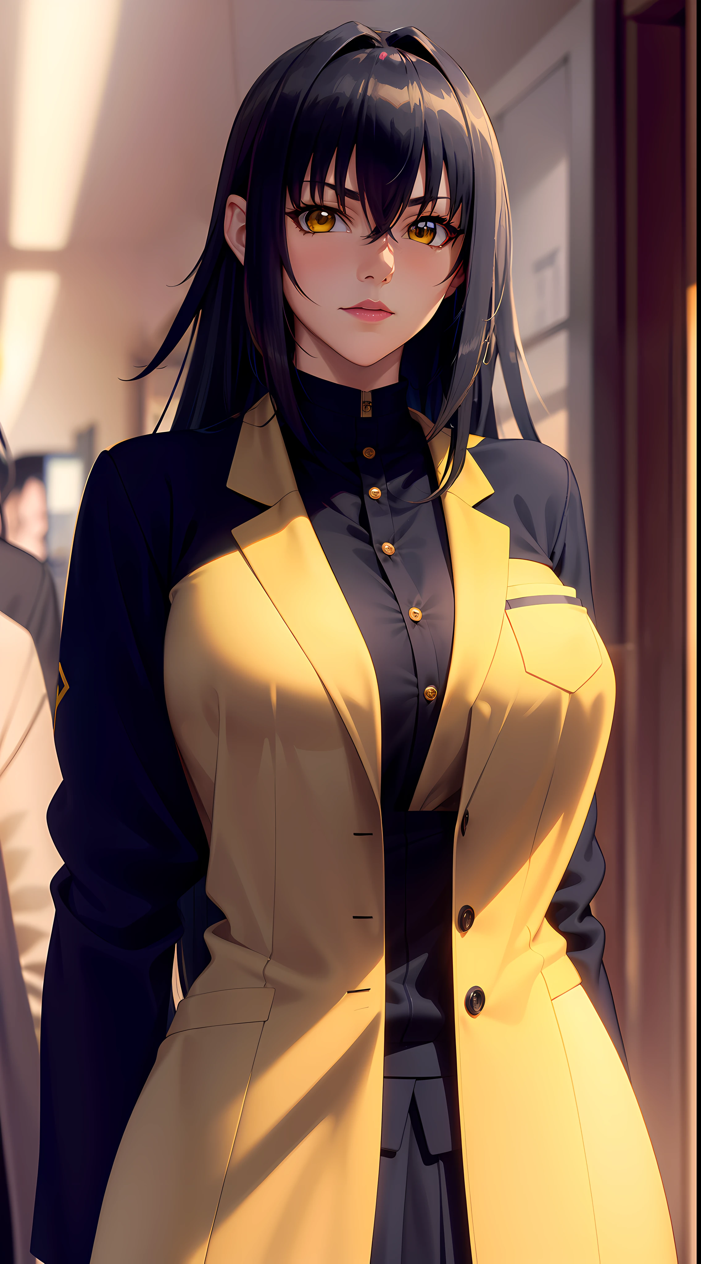 professional artwork, Intricate Details, field of view, sharp focus, detailed painting, photorealistic lighting, trending on pixiv,(masterpiece:1.0),(best_quality:1.0), ultra high res, ultra-detailed, photography, 8K, HDR, highres, absurdres:1.2, Kodak portra 400, film grain, sharp focus, bokeh:1.2, lens flare, (vibrant_color:1.2), (indoors, hospital), Annerose, 1girl, female mature, ((long hair, black hair:1.4)), (yellow eyes), large breasts, ((formal doctor outfit:1.4)), soft skin, hair intakes, (solo:1.4), (upper body, half body shot),