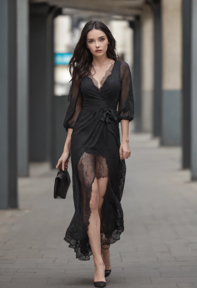 Hyper Realistic Photo, Full Body Walking, (OF A BEAUTIFUL WOMAN), Beautiful and detailed fascinations, scared look with her beautiful gray eyes, Perfect anatomy, taken with a reflex camera, with natural and bright light, reflects the light and shines in her beautiful soft and slightly wavy black hair, fashionably dressed in black summer dress, a topmodel, walking in a london subway, 8K UHD, a masterpiece, 3D rendering
