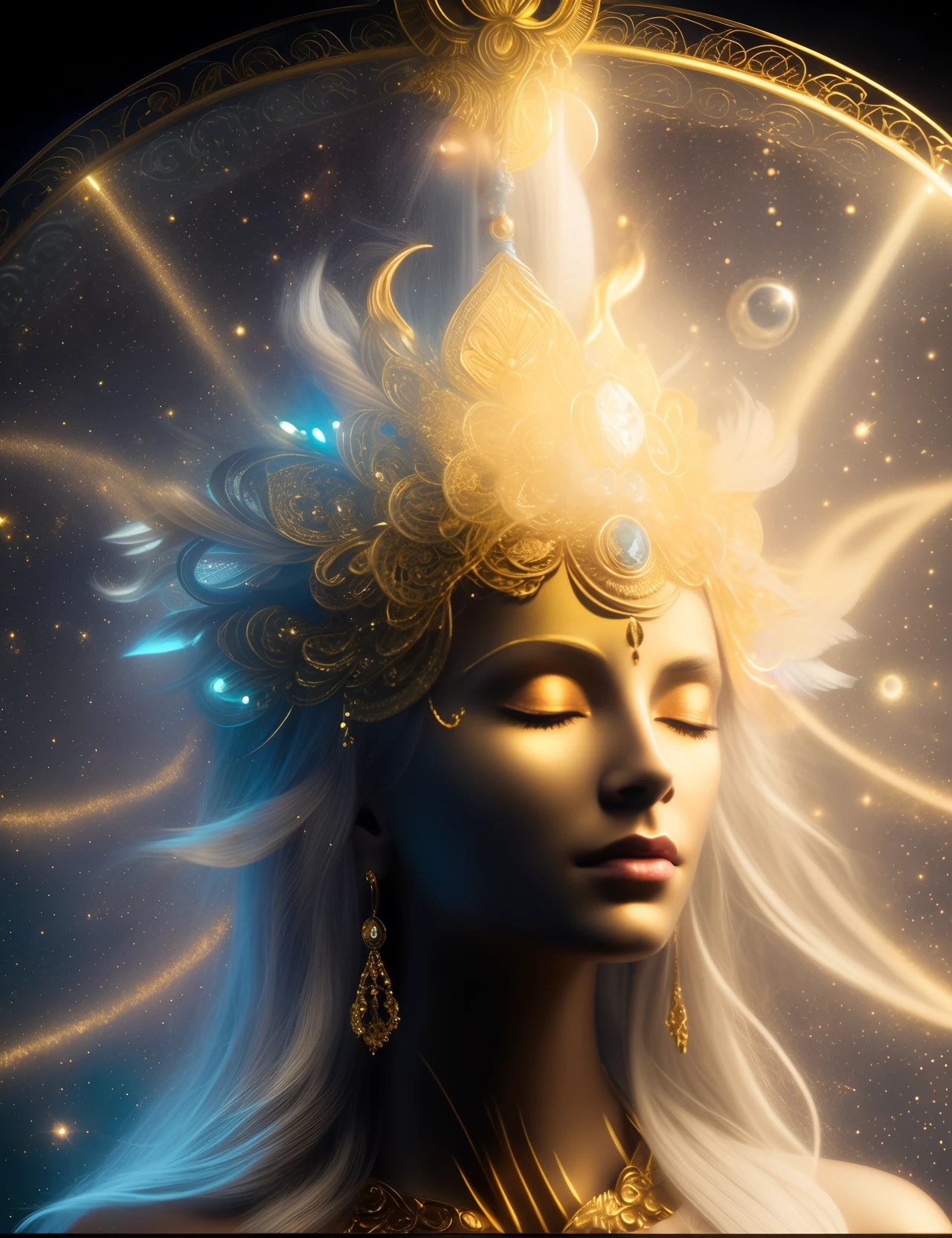 Close-up of a woman wearing a gold headdress and a glowing halo, Goddess. Extremely high detail, 3 d goddess portrait, a stunning portrait of a goddess, portrait of a beautiful goddess, portrait of queen of light, goddess close-up portrait, Goddess of Light, a beautiful fantasy empress, extremely detailed goddess shot, portrait of a cosmic goddess, goddess portrait