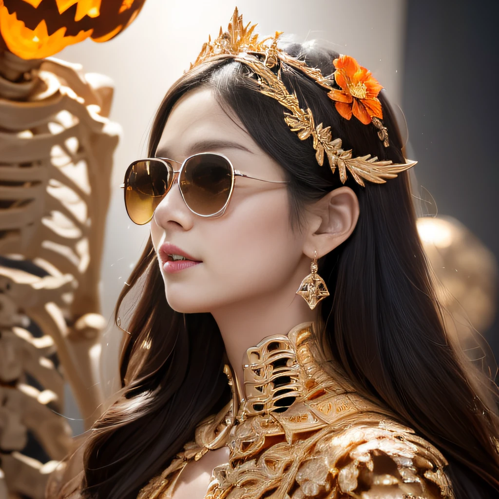 Skeleton Halloween pumpkin style，Wear thick gold-framed reflective sunglasses，32K（tmasterpiece，k hd，hyper HD，32K）Light orange flowing hair，Silver skull jewelry area in the cave，Indigo Skull King ，Skeleton protector （The skeleton is realistic：1.4），Skull pattern robe，Silver skull flower ornaments，Petals flutter，The background of autumn is pure，Hold your head high，Be proud，The nostrils look at people， A high resolution， the detail， RAW photogr， Sharp Re， Nikon D850 Film Stock Photo by Jefferies Lee 4 Kodak Portra 400 Camera F1.6 shots, Rich colors, ultra-realistic vivid textures, Dramatic lighting, Unreal Engine Art Station Trend, cinestir 800，Hold your head high，Be proud，The nostrils look at people，Tsundere，Petals flutter，Petals flutter，Sprinkle with gold dust，Fluttering，Impeccable，( reasonable design, Clear lines, High sharpness,Best quality, Very detailed skeleton, The skeleton of a masterpiece, offcial art, movie light effect, 4K skeleton（（（Wear thick gold-framed reflective sunglasses）））