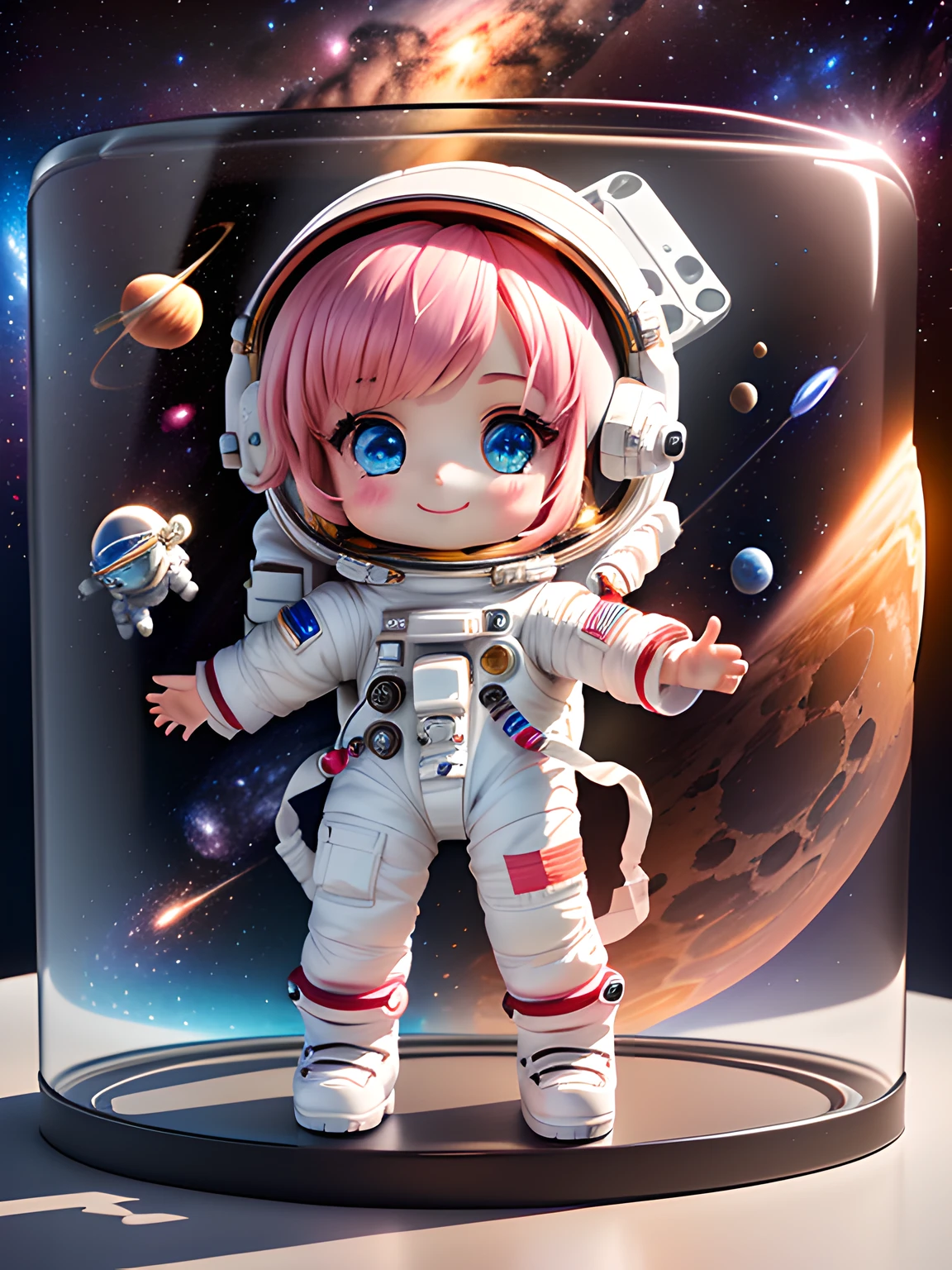 Super cute girl full body 3D drawing,1pc,good eyes looking,largeeyes,adolable,having fun,c4d,Pop Matt Blind Box,Long pink hair,Glowing bubbles,toys,solid color backdrop,tchibi,Fluorescent transmission,luminous body, kawaii,dolls,(((The astronaut,space suit))),reference sheet,Pop Mart Blind Box,Pixar,complexdetails,3Drenderingof,blender,OC renderer,fol body reference sheet,dribble,high details,8k,studio lighting,li,pee,childi , SD character：1.1，Magic space silo background,（A glass oxygen mask is worn on his head）（Full body like）ssmile