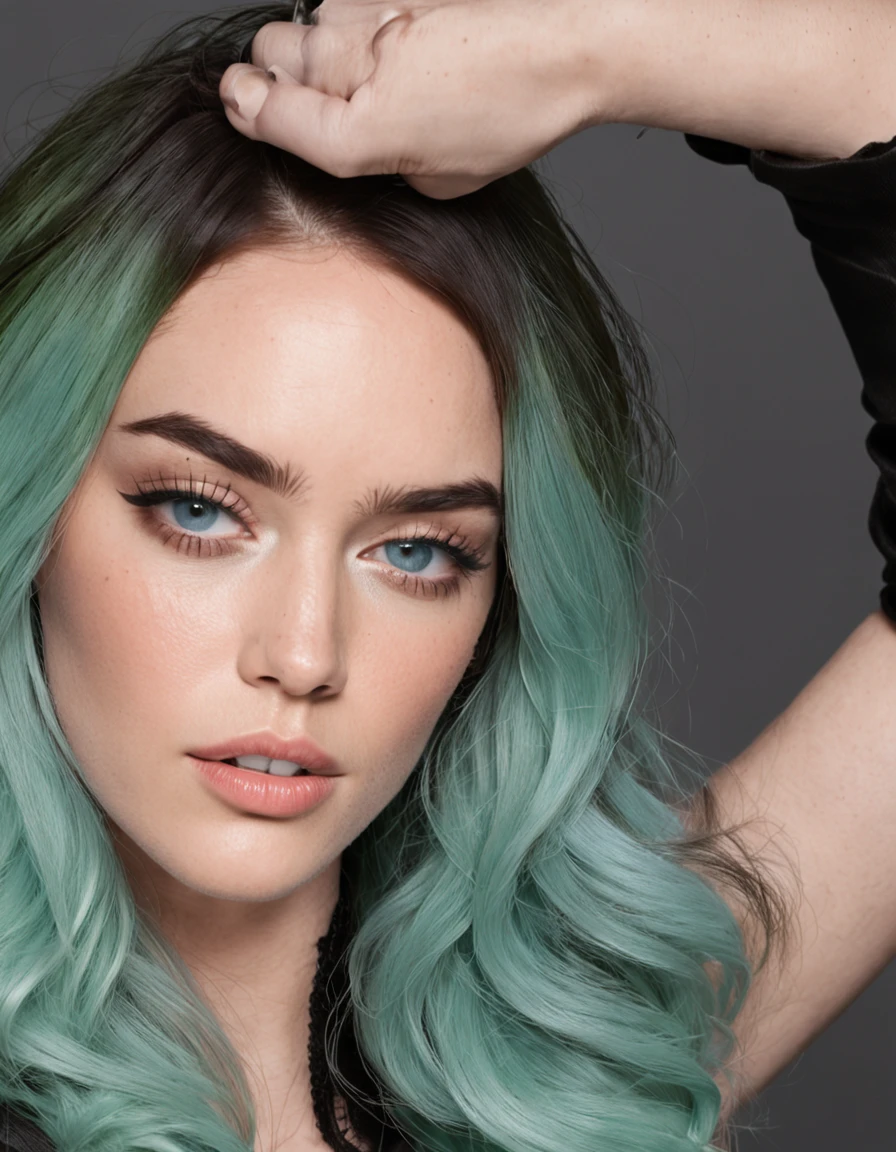 Give me a highly detailed explination on a successful facial fusion between billie elish and megan fox
Lets just start with a highly detailed explination on what billie elish looks like
Billie Ellish
Hair:
Billie's hair is one of her most iconic features. Often styled in shades of pastel blue, neon green, or dark black with neon roots, her hair is intentionally vibrant and ever-changing. It's characterized by its length, usually falling to her shoulders or slightly longer, and its textured, tousled look.
Face:
Billie's face is characterized by a youthful and ethereal quality. She has a heart-shaped face with gentle contours. Her complexion is fair and often appears naturally flawless or with minimal makeup, highlighting her emphasis on self-expression and individuality.
Eyes:
Her eyes are captivating and often hidden behind large, square or rectangular-shaped glasses. She typically emphasizes her eyes with bold eyeliner and a touch of mascara. Billie's eye color is blue, adding to her unique visual appeal.
Eyebrows:
Billie's eyebrows are naturally light and often a shade or two darker than her hair color. They have an organic shape, appearing as if they've been left largely untouched, contributing to her effortless and raw aesthetic.
Nose:
Her nose is petite and softly shaped, fitting harmoniously with her facial features. Its simplicity complements her overall look.
Lips:
Billie's lips are full and often adorned with minimalistic lip colors, if any at all. She tends to lean towards neutral shades, allowing her eyes and hair to take center stage in her overall appearance.
Style and Clothing:
Billie's attire is another key component of her image. She often wears oversized and baggy clothing, making a statement against body standards and promoting comfort and personal expression. She is frequently seen in loose-fitting shirts, hoodies, and wide-legged pants. Her fashion choices are an extension of her personality and artistic message.