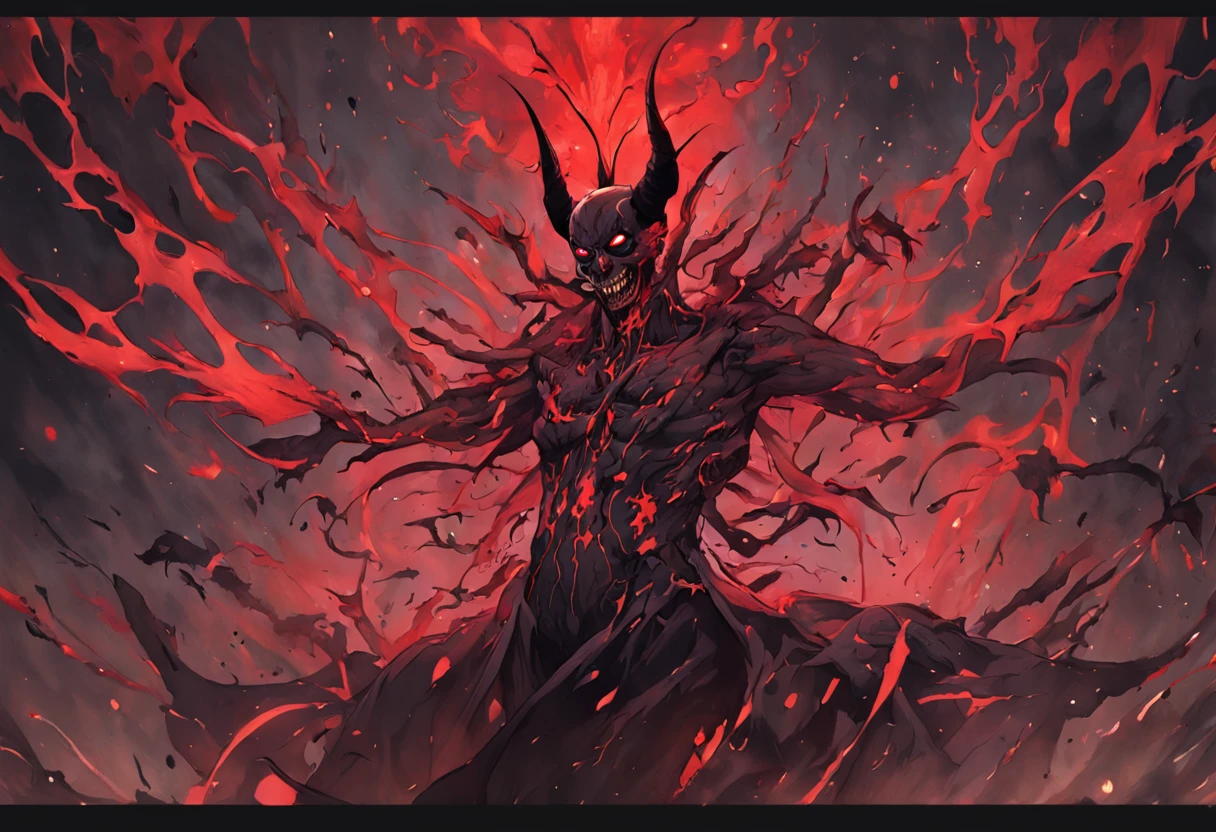 demonio vermelho e preto aterrorizante com unhas e garras, cores mortas, cena de terror, Gothic dinner, Dark mist, cena macabra tensa, decomposition, Dark black liquid of the decomposing body, 12k resolution, sorriso do mal perverso, cena sombria escura em casa assombrada muito assustadora, ultra-detalhado, ((arte sombria)), πântano of horror, whole body view, head to toe, UhD