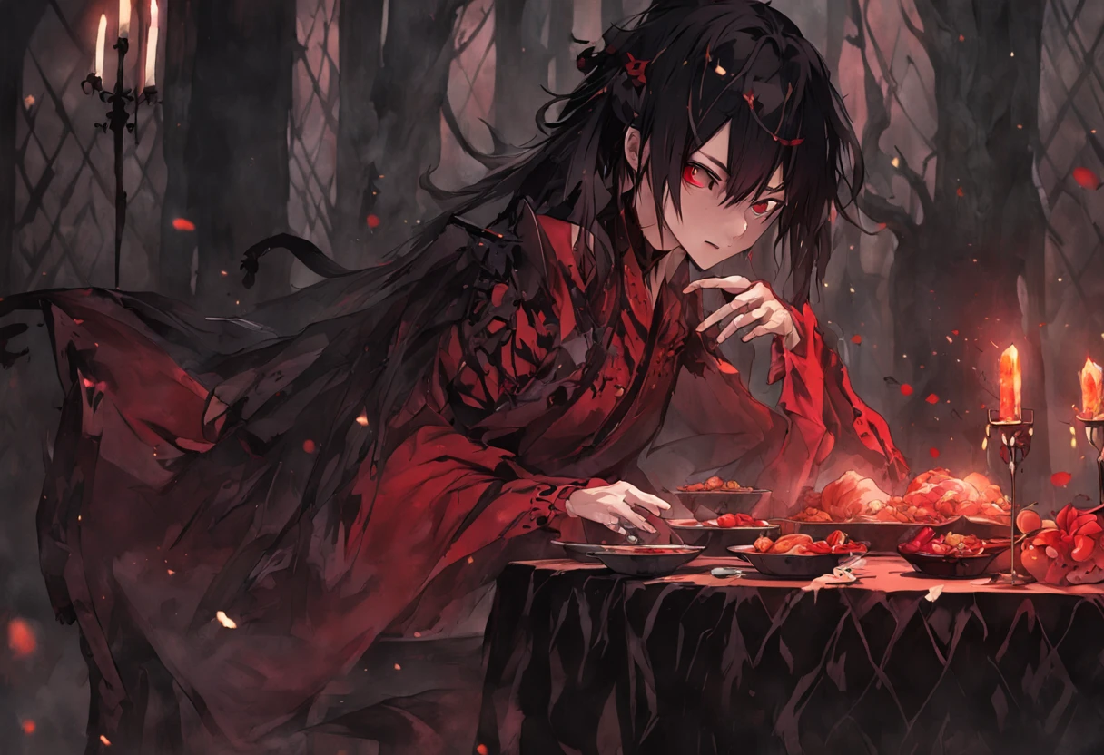 demonio vermelho e preto aterrorizante com unhas e garras, cores mortas, cena de terror, Gothic dinner, Dark mist, cena macabra tensa, decomposition, Dark black liquid of the decomposing body, 12k resolution, sorriso do mal perverso, cena sombria escura em casa assombrada muito assustadora, ultra-detalhado, ((arte sombria)), πântano of horror, whole body view, head to toe, UhD