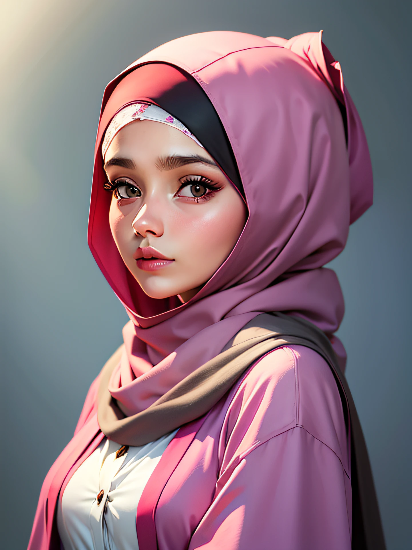 arafed woman wearing a pink shirt and a gray scarf, hijab, inspired by Nazmi Ziya Guran, inspired by Shaddy Safadi, inspired by Fathi Hassan, inspired by Naza, shawl, faridah malik, zenra taliyah, cute girl, inspired by Ni Yuanlu, inspired by Maryam Hashemi, white hijab, lovely woman