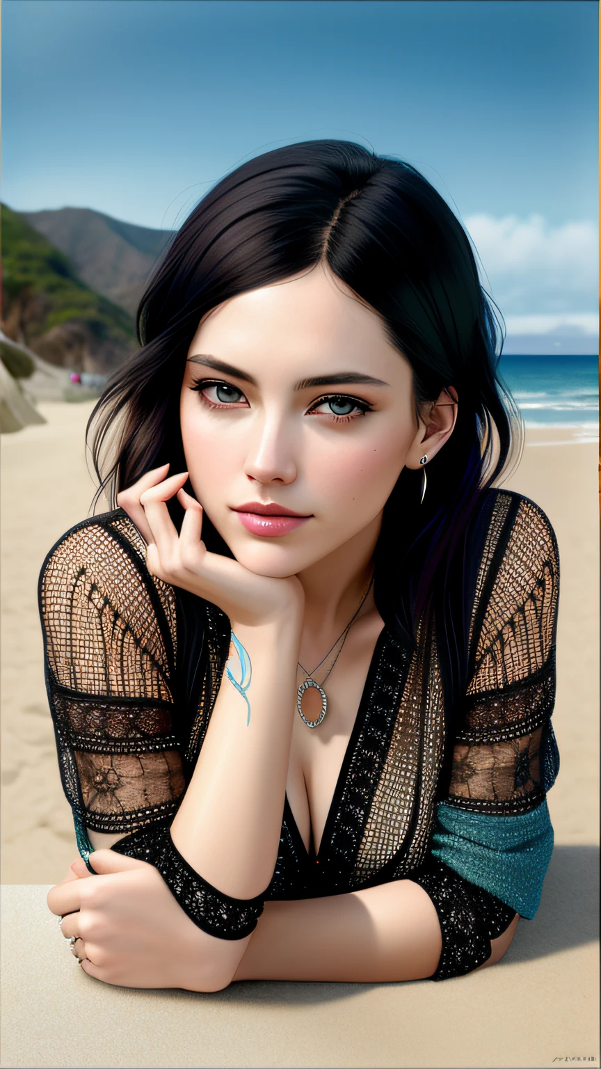 Photos of the most beautiful works of art in the world,Modern punk women,Leaning in a van on a California beach,On ArtStation、CGSociety、Intricate、High Detail、Sharp focus、dramatic、Photorealistic painting is popular in art、No hands appear