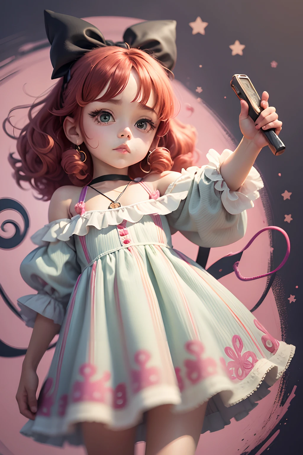 menina 6 anos estilo cartoon bem infantil. barnet. personagem para capa de ebook infantil. Curly and red hair up to the shoulder. Bow on pink head. Olhos grandes. pele branca. mesmo personagem. usando vestido. Meia branca e sapato preto, estilo cartoon. various poses, same character deta reference --auto --s2
