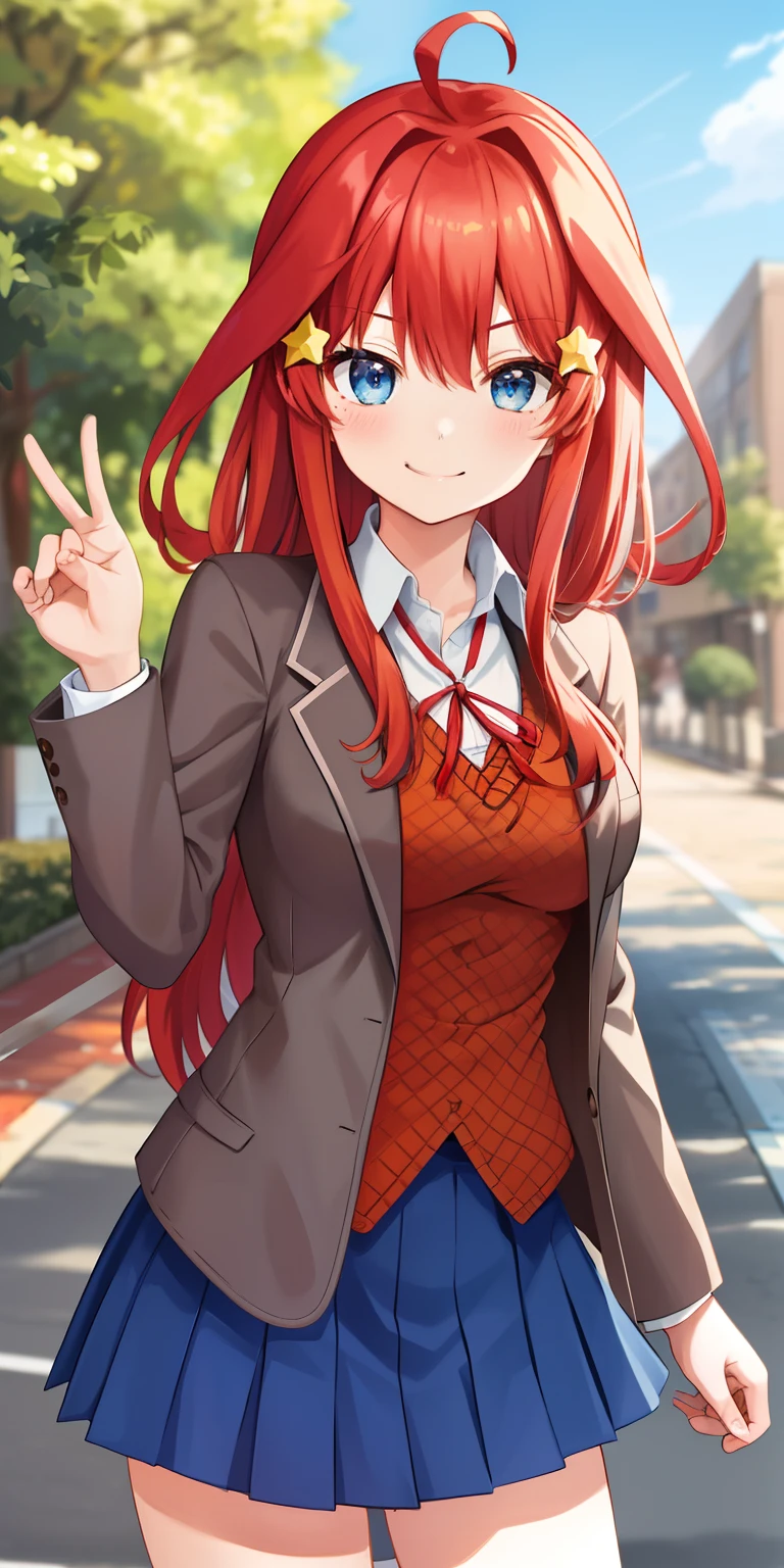 2d, masterpiece, best quality, anime, highly detailed, 1girl, solo, cowboy shot, nakano itsuki, red hair, long hair, star hair ornament, ahoge, school uniform, blazer, brown sweater, collared shirt, neck ribbon, blue skirt, medium breasts, standing, school, outdoors, smile