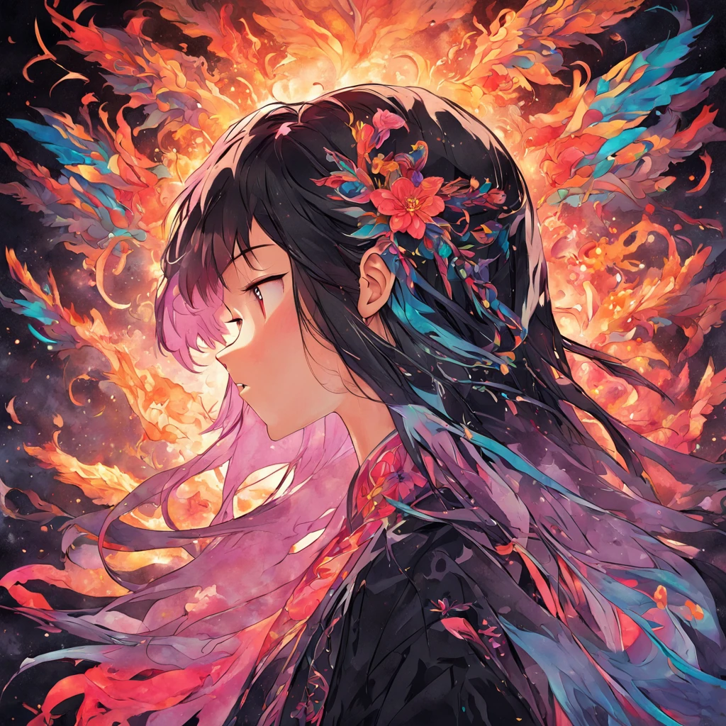 (black background:1.4),(Silhouette of a woman's head, Eyes closed, colorfull long hair, Oriental elements)，(Chinese illustration:1.3，paper art:1.3, Quilted paper art:1.2),( reasonable design, Clear lines, High sharpness,Best quality, Very detailed, Masterpiece, movie light effect, 4K )