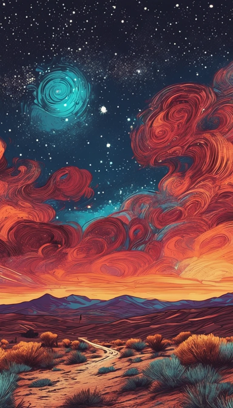 breath-taking,Van Gogh style starry sky in quaint night sky,Rolling desert,the expanse,