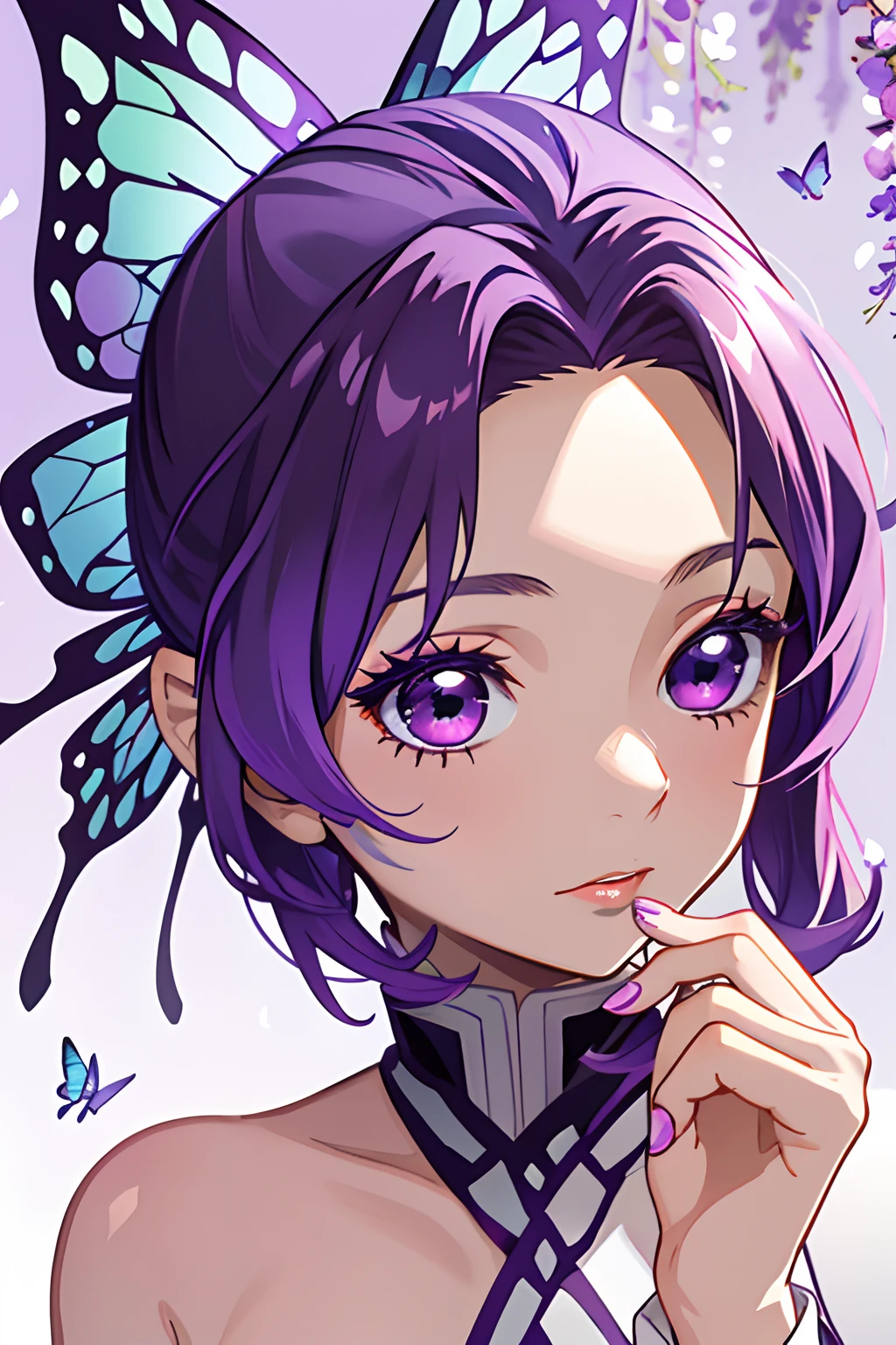 absurderes, A high resolution, ultra - detailed, (1 young woman:1.3), kawaii, Adorable, Face focus,Short thin purple hair，haori，purpleish color，butterflys，