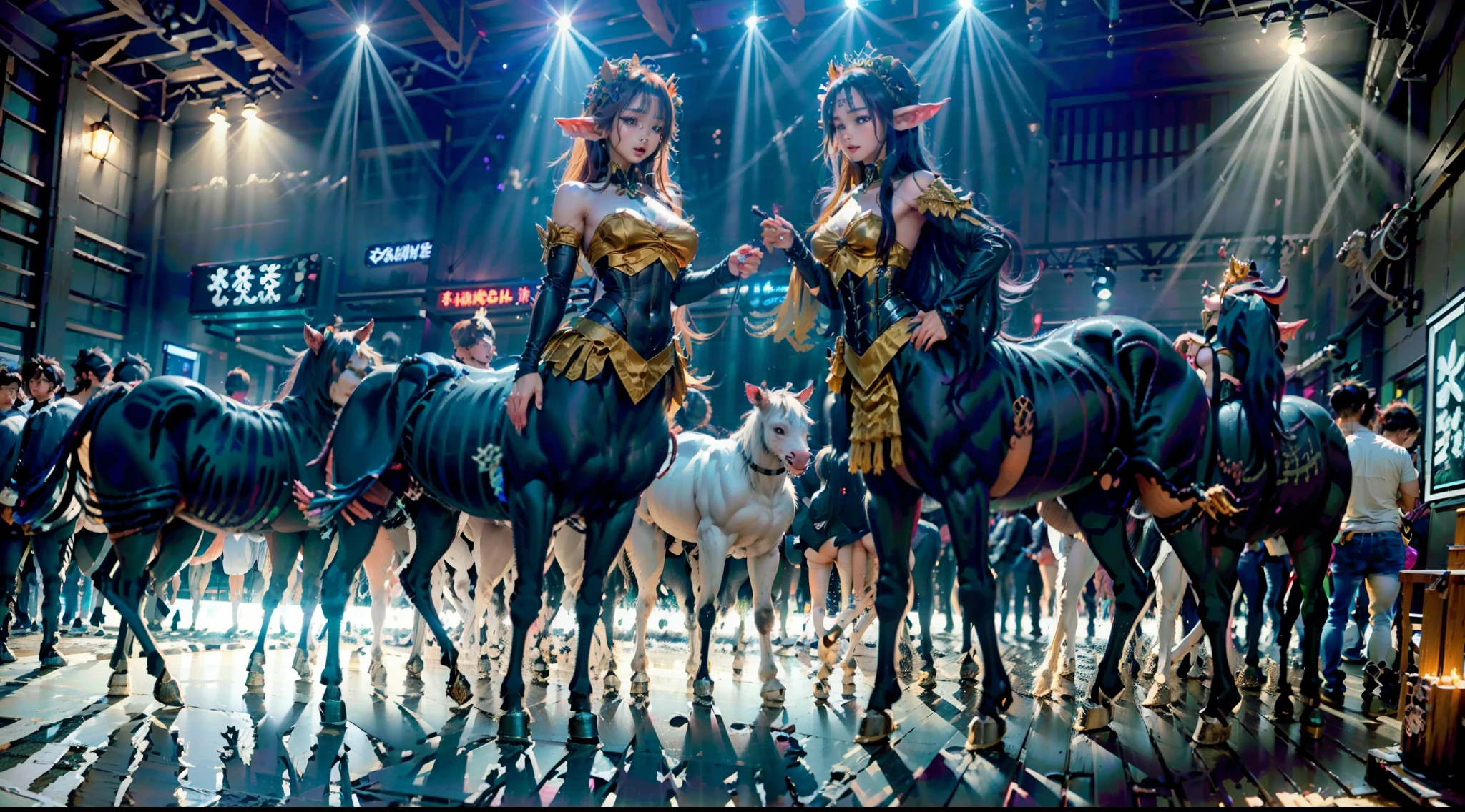 In the beautiful illustration of this super-grand scene，Display ultra-long-range lenses（Over eight unique centaur characters：9.9），They all have their own characteristics，Vivid and interesting。A radiant light falling from the sky（angelicales：6.6）Like a centaur、The nightmare is（Surrounded by flames：6.6）Hell centaurs、Then dance in the air with the wind（Fairy：6.6）centaur horse、There are also thunderbolts around（unicorn：6.6）centaur horse，and shiny metal（Machinary：6.6）centaur horse、Then color（Covered dragon scales：6.6）Whole body strength，It is a powerful dragon centaur、Elegant and agile（the elf：6.6）The delicate and graceful lines of the centaurs always wear flower crowns、Enchanting and charming（Tiflin：6.6）centaur horse、There are indescribable（Raised sexy：6.6）'s（Succubus 6.6）centaur horse。Each character has their own unique charms and abilities。Illustration uses advanced artistic techniques and tools，（Divide the scene into sections by geometric arrangement：9.9），Each section corresponds to a centaur character，This allows for more efficient use of space。Pass the advanced brush tool halfway、Color Palette、Material packages and model packages、Texture tools，For every centaur, Beautiful props are designed to increase racial characteristics、Clothing and physical characteristics，（Enhance the character's personality and visual appeal：2.5）。The scenery in the illustration is stunning，The sky is changing、rainbowing、extreme light、Stars and Moon。Incorporate iconic landmarks like Mount Everest，and fireworks、Tranquil lake、Natural and urban elements of waves and neon lights，creating a magical atmosphere。Centaurs showcase their unique abilities and equipment in a variety of environments，This is true even in extreme alien landscapes。（Use tools halfway、Material pack、Texture tools、The color palette makes the depiction details vivid and realistic：9.9），From complex hairstyles and different ethnic characteristics、Body、Appearance characteristics、Clothing to real textures，This greatly enhances the r