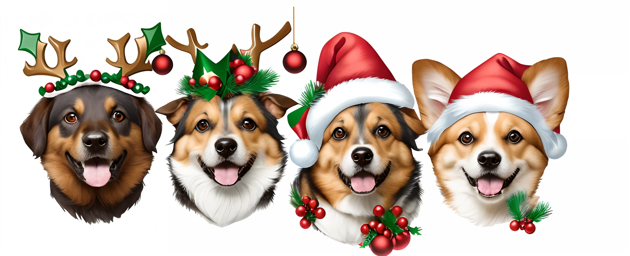 Close-up of a group of dogs wearing Christmas hats, 💋 💄 👠 👗, Decorative ornaments, cute faces, telegraph stickers, Dogs, 2D, 2 d, added detail, LOL, telegraph stickers design, with fully detailed faces, A full face, Ornaments, Christmas, 3 pm, cartoonish style, 3heads, decorations, governor, Merry, 8K!