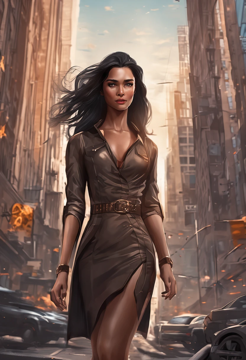 An adult female in a city,Has long and silky black hair in messy layers, Warm brown eyes reflect compassion and kindness. Her confident demeanor and elegant figure exude elegance,Stand in front of an impressive city background. Wear a delicate dark brown office dress and gladiator heels, Face the winds and weather of the apocalypse,She remains steadfast. Realistic imagery captures her captivating presence in the midst of chaos, Sparkling eyes draw viewers into a compelling visual narrative of strength and determination.