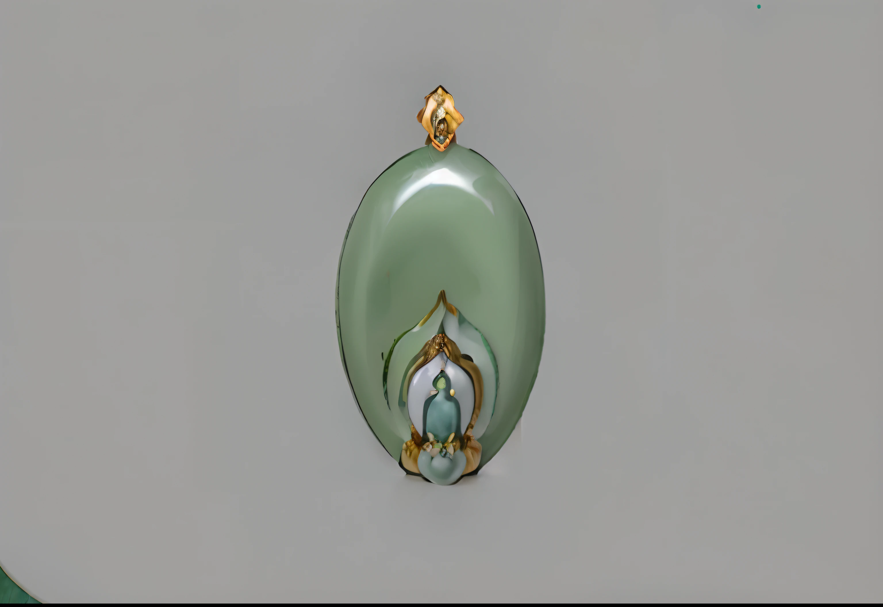 There is a green jade,Gold top on gray background, a jewellery design, pendant, Lotus, Concept illustration, inspired by Kaigetsudō Ando, artist rendition, inspired by Shūbun Tenshō, artist rendition, inspired by Kaigetsudō Anchi, center view, healing pods, embedded with gemstones, Renders
