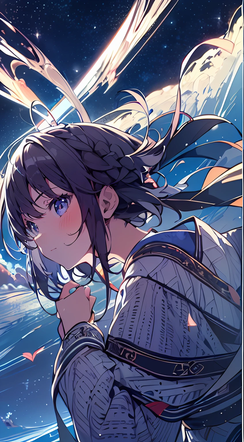 masutepiece, Best Quality,Illustration, Wallpaper, Ultra Detail, absurderes, 1girl in、 (Medium short hair、short braided hair), Beautiful ultra-detailed eyes , Hair fluttering in the wind、Smaller head、Beautiful night sky、(a panoramic view:1.5)