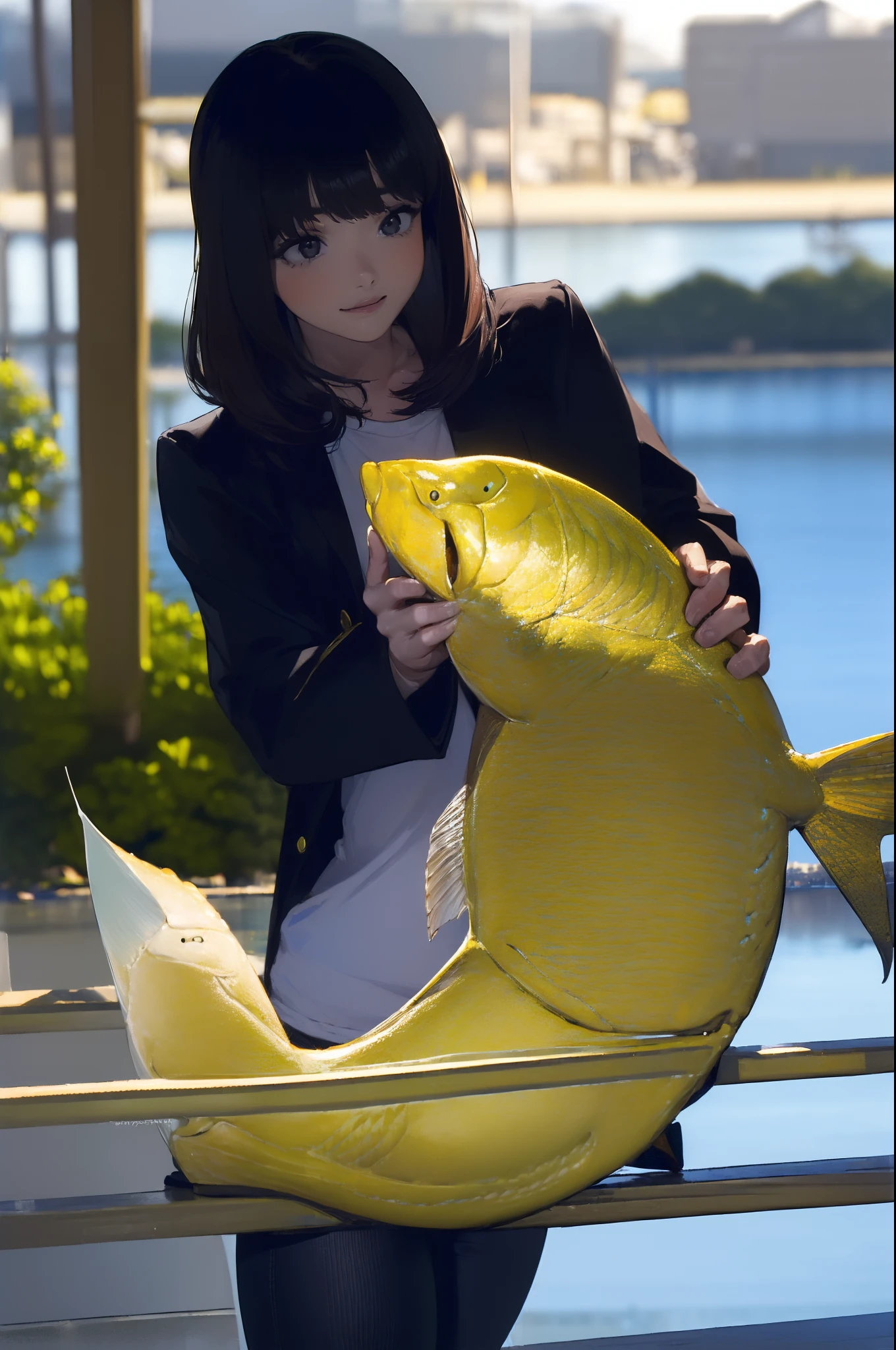 ((((Catching a big fish by the lake:1.5)))),((Female 28 years old)),((Best Quality:1.5)),(((Hands with the correct number and structure of fingers:1.4))),((Big fish:1.37)),hight resolution,ultra-detailliert,masterpiece,best qualtiy,(Eight-headed body),Black hair, long eyes-lashes, Solid Circle Eyes, drop shadow, Atmospheric perspective,Super Detail, ccurate, small brest,(Black jacket and black jeans :1.1),top-quality, blurry backround, bokeh dof:1.2, (masterpiece:1.3), Atmospheric perspective,Super Detail,dynamic compositions,