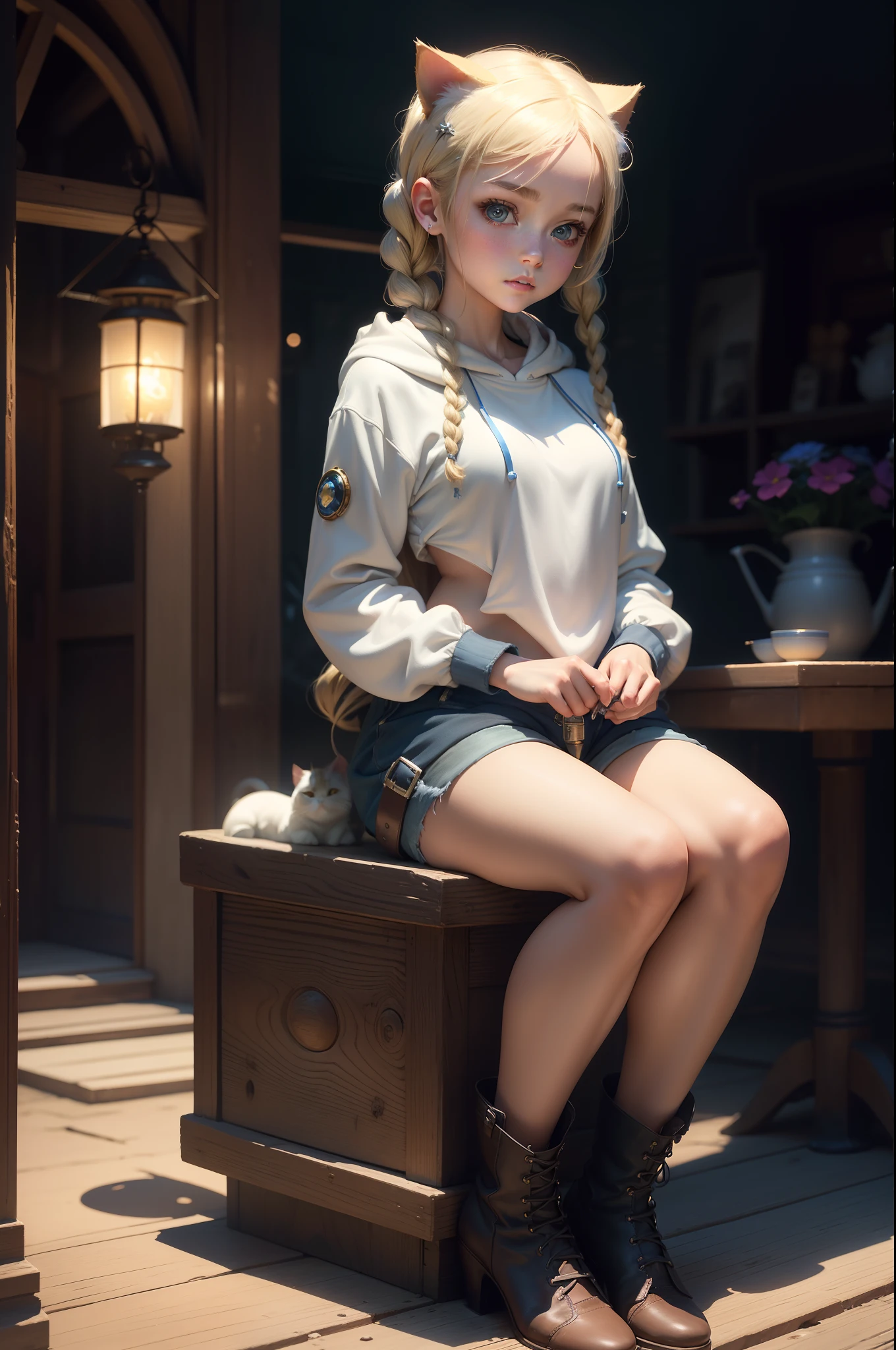 The highest image quality、masterpiece、an oil painting、Fantasy 3D、Leyendecker's style、Inside the space station、Beautiful Nordic girl、serene expressions、Pretty small face、Makeup is light、Two cat ears on the head、Short platinum blonde hair、middlebreasts、big butts、slightly thicker legs、sitting on、Full-body image、Long Sleeve Gothic Dress、long skirt、steampunc、Brass Machinery、Analog Meter、Lots of pipes and cables fill the floor、The city outside the window is glowing blue、spaceships、A space station、Three division methods