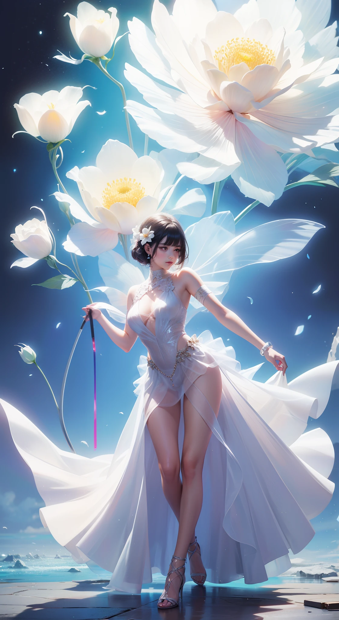 (((A girl)),Long skirt,Irridescent color,Rich colors,the Flower Fairy,springtime,The Arthur effect, Transparent body, Gradient translucent glass melt, Caustics, transparent glass texture, Irridescent color, Designed by Dietrams, Simple, Glows in high detail, white backgrounid, industrial design, studio lit, C4D, OC renderer, Clean shadows, 4K
