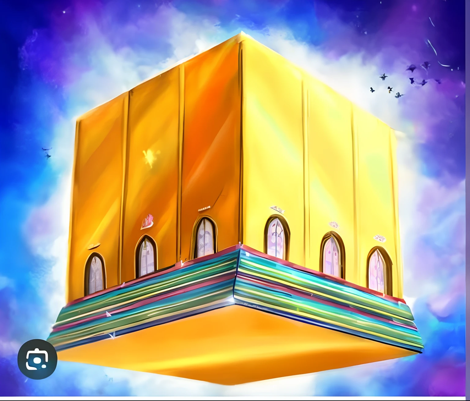uma foto tirada de um videogame de uma caixa amarela, cama. 'Honrado Ka'bah'), Ainda de Rainbow Ophanim, Also spelled Ka'bah or Kabah, gold gates of heaven!!!!!!!!, Fundo do templo,  O Cubo, Palace floating in the sky, Arte Oficial, Palace floating in the sky,