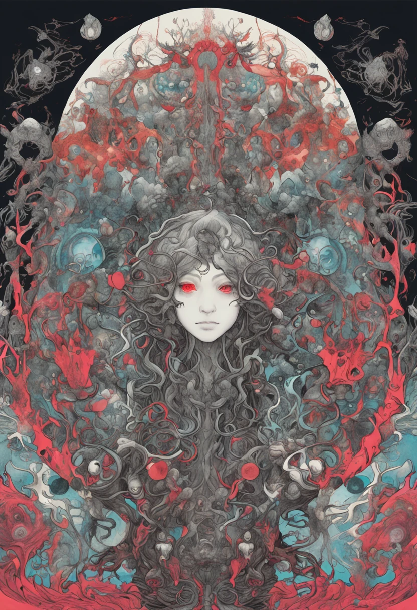 Inspirado em pinturas detalhadas de Yoshitaka Amano, Tumblr, Arte Trippy, arte detalhada assustadora em cores, Estilo anime intrincadamente lindo, Arte de Tsutomu Nihei, Bastien Yoshitaka Amano, dreamy psychedelic anime, Estilo de Yoshitaka Amano, Countless pairs of eyes, com fundo preto, Lindas texturas de criaturas, dreamy psychedelic anime, Estilo de Yoshitaka Amano, vibe yoshitaka amano, Design de personagens de Yoshitaka Amano, This character has numerous pairs of blood-colored eyes on his skull, Presas cheias de presas, （Bio mecha：5）, Santidade e terror coexistem, menina adolescente, Dark Gothic, cabelos brancos, Olhos loucos, olhos ensanguentados, louco, lone, deus luz, linha de velocidade, hiper HD, master part, alta qualidade, Premiados, melhor qualidade, 16k, banda de rock, logo, brutal, violence, caos