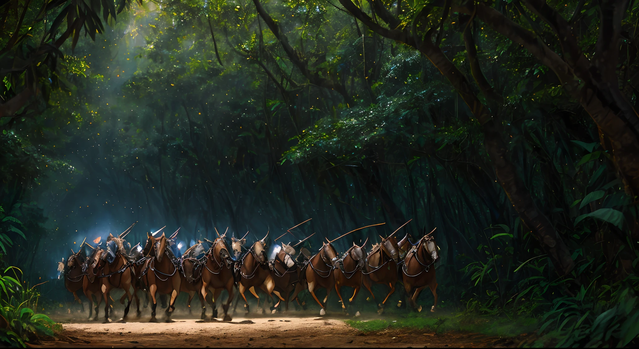 (high quality), photorealistic, (oil painting) (dynamic pose), towards right,dynamic, cinematic, dramatic camera angle. Army of Warriors charging forward to fight. Jungle scene with magic in the air and fireflies