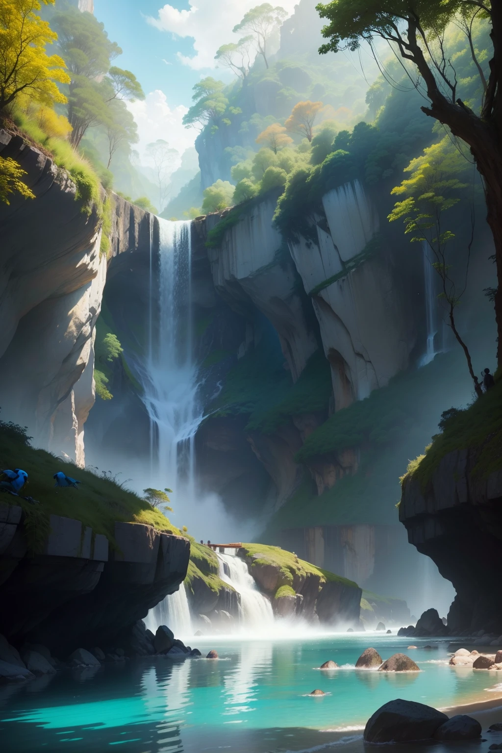 natureza exuberante, com uma cachoeira ao fundo, rocks and trees resin the passage of water and time, exalando quietude calmaria e tranquilidade, com uma mistura de laranjas, Roses and yellows filling the sky, crystal clear waters. The scene is dynamic and breathtaking, with blue macaws flying high in the sky and trees swaying gently. Soak up the soothing atmosphere and let the tranquility take over you.