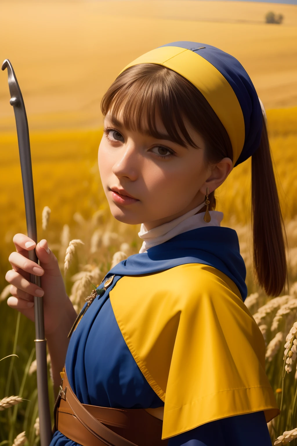 vermeer,Ukrainian warrior,femele,field of wheat,amarelo,bloo,Realisticity:1, realistic skin textures, ighly detailed, 8k wallpaper,