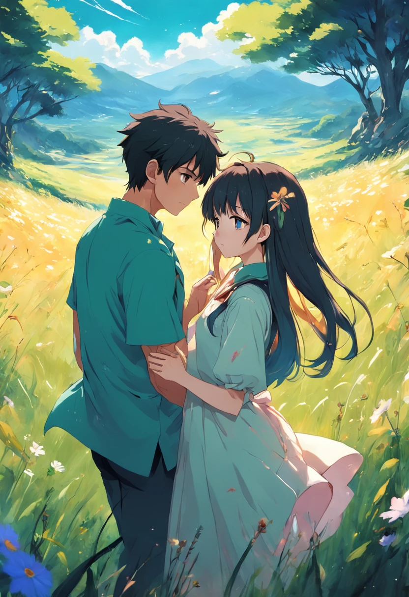 couple, upper body, anime landscape, all kinds of virtual critters, fill the entire meadow, cute, surreal, fresh painting