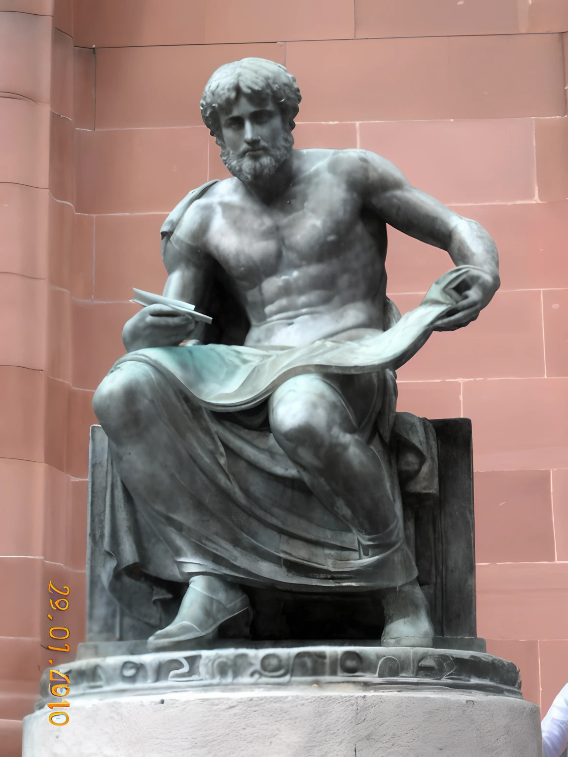Young Realistic Aristoteles holding a parchment and sitting on a throne, at the bottom high Greek columns