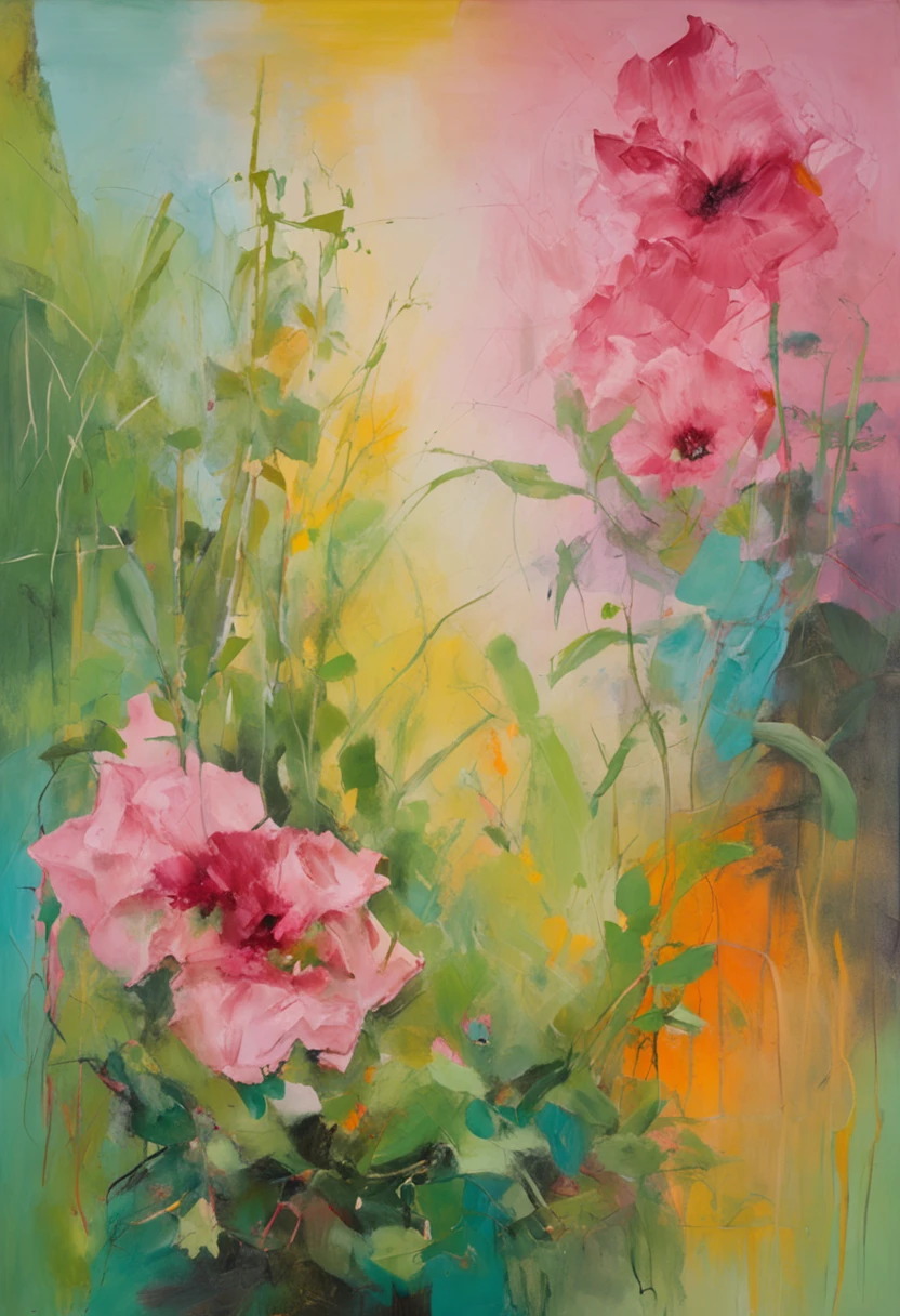 (obra-prima, melhor qualidade),1garota morena com cabelos enrolados sentada em um campo de plantas e flores verdes, the hand under his chin, warm ilumination, vestido rosa, primeiro plano desfocado