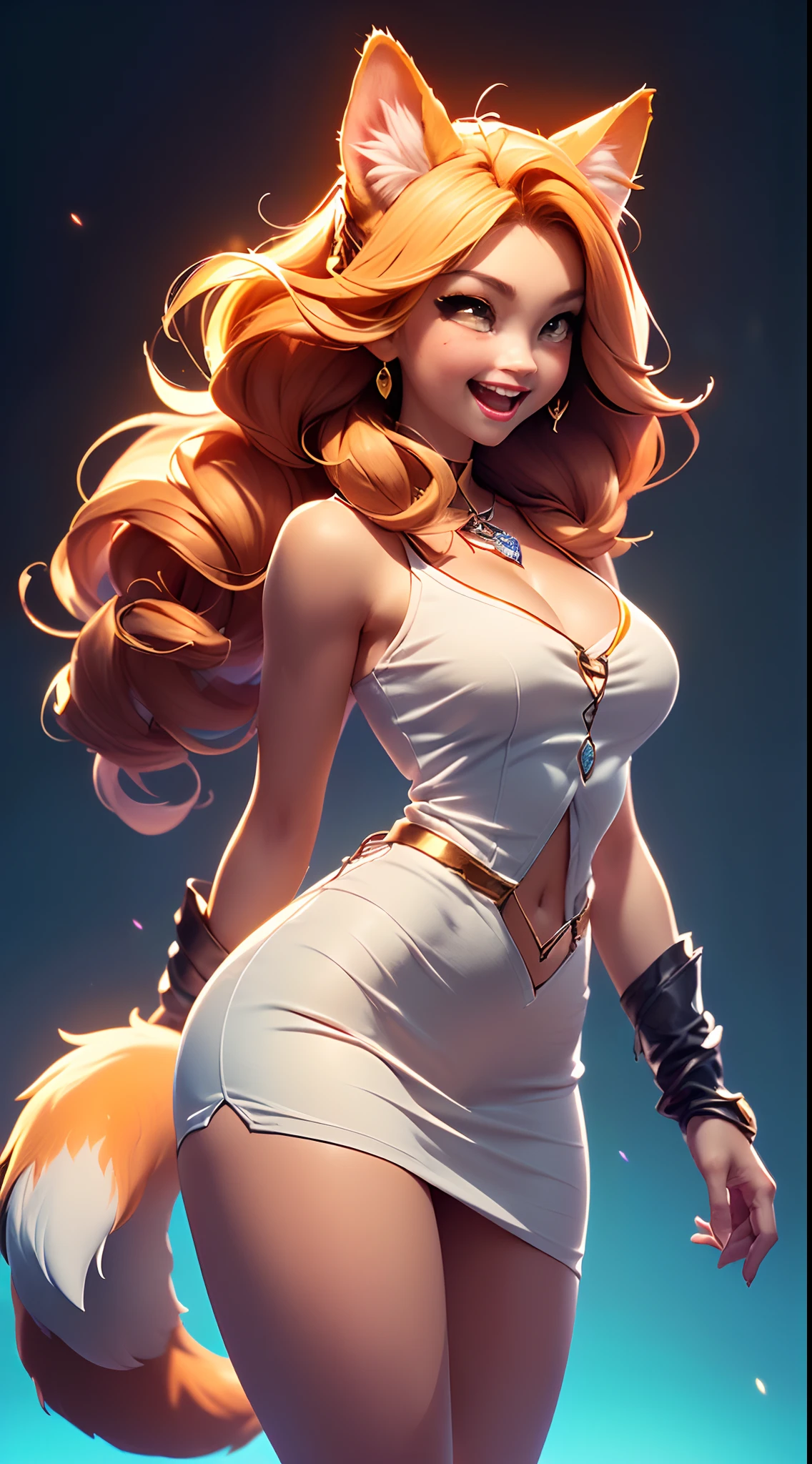 (Beautiful woman face:1.5), (Cute image standing all over the body:1.5), (Cat-like furry body and cat's paws:1.5), (The paw is on the chin:1.2), (Cute), ( anime styled 3d:1.5), pleatedskirt, Metal armor underwear, (Hairy limbs:1.45), (Very long, Fluffy fox tail:1.45), (Extremely detailed CG Unity 16k wallpaper:1.3), Dynamic Angle, the golden ratio, (tmasterpiece:1.37), (Detailed:1.15), (view the viewer), Cinematic light, Side lighting, hdr, Perfect iris, (+Perfect hand+:1.21), Lifelike texture, (realisticlying:1.37), (happy laughing:1.3), Ray tracing, hyper HD, (Best quality:1.13)