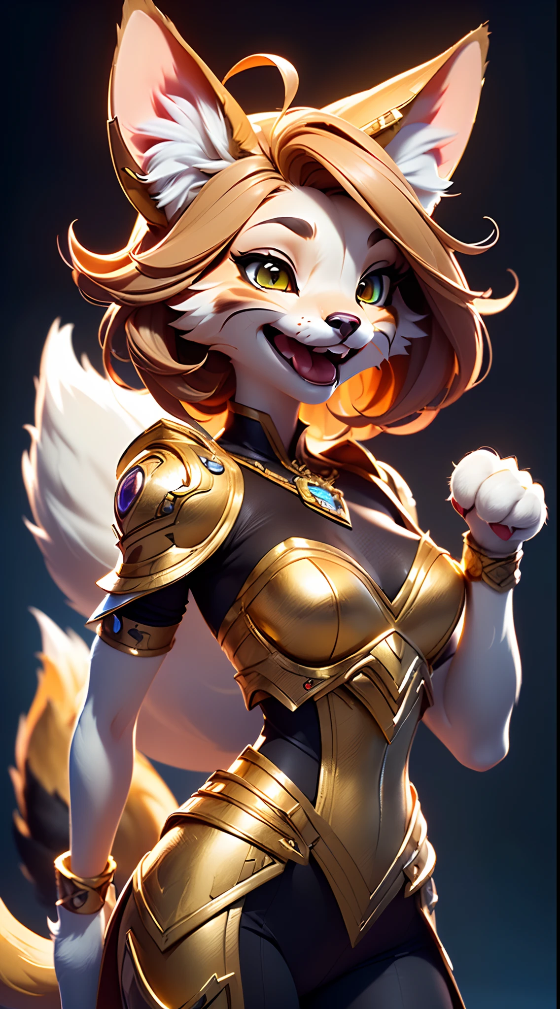 Wide-angle panorama，(Beautiful woman face:1.5), (Cute image standing all over the body:1.5), (Cat-like furry body and cat's paws:1.5), (The paw is on the chin:1.2), (Cute), ( anime styled 3d:1.5), pleatedskirt, Metal armor underwear, (Hairy limbs:1.45), (Very long, Fluffy fox tail:1.45), (Extremely detailed CG Unity 16k wallpaper:1.3), Dynamic Angle, the golden ratio, (tmasterpiece:1.37), (Detailed:1.15), Cinematic light, Side lighting, hdr, Perfect iris, (Applause clap action), Lifelike texture, （realisticlying：1.37）, (happy laughing:1.3), Ray tracing, hyper HD, (Best quality:1.13)