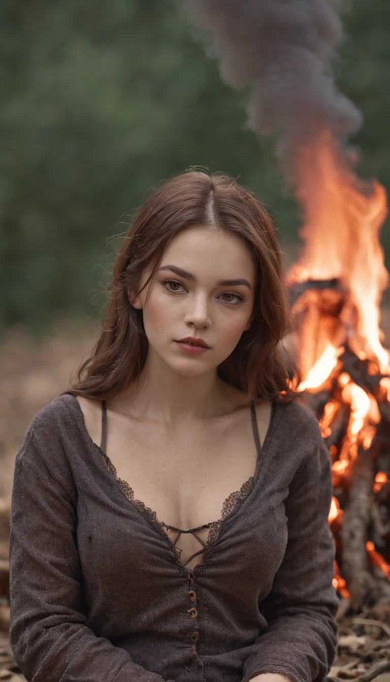 (tmasterpiece, high detal, absurderes, RAW photo:1.2), 1girll, Bonfire in the dark forest at night, Girl in underwear by campfire,