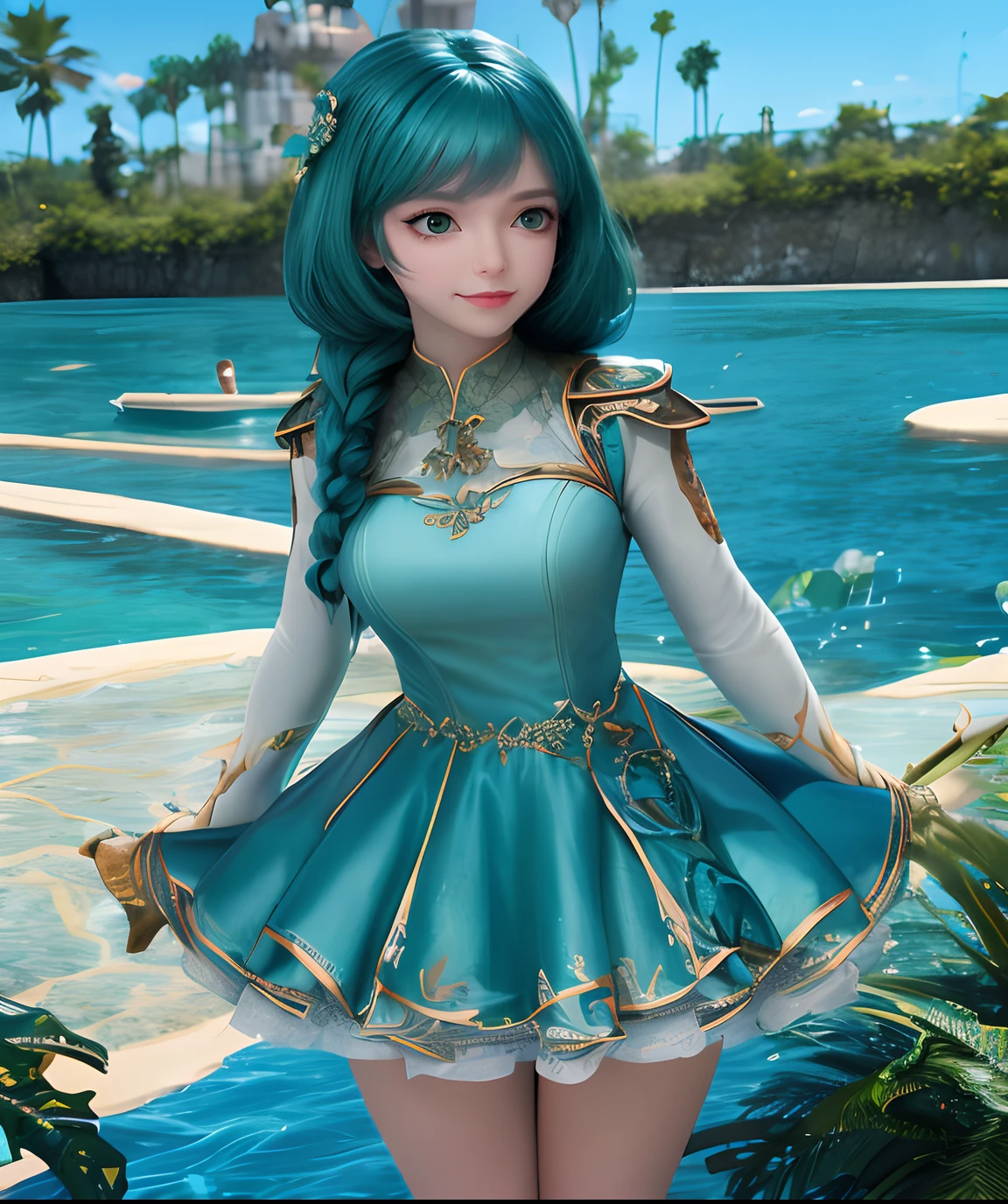 masterpiece, best quality, ultra high res, 1girl,blue themesky, water,standing on water, green- blue dress