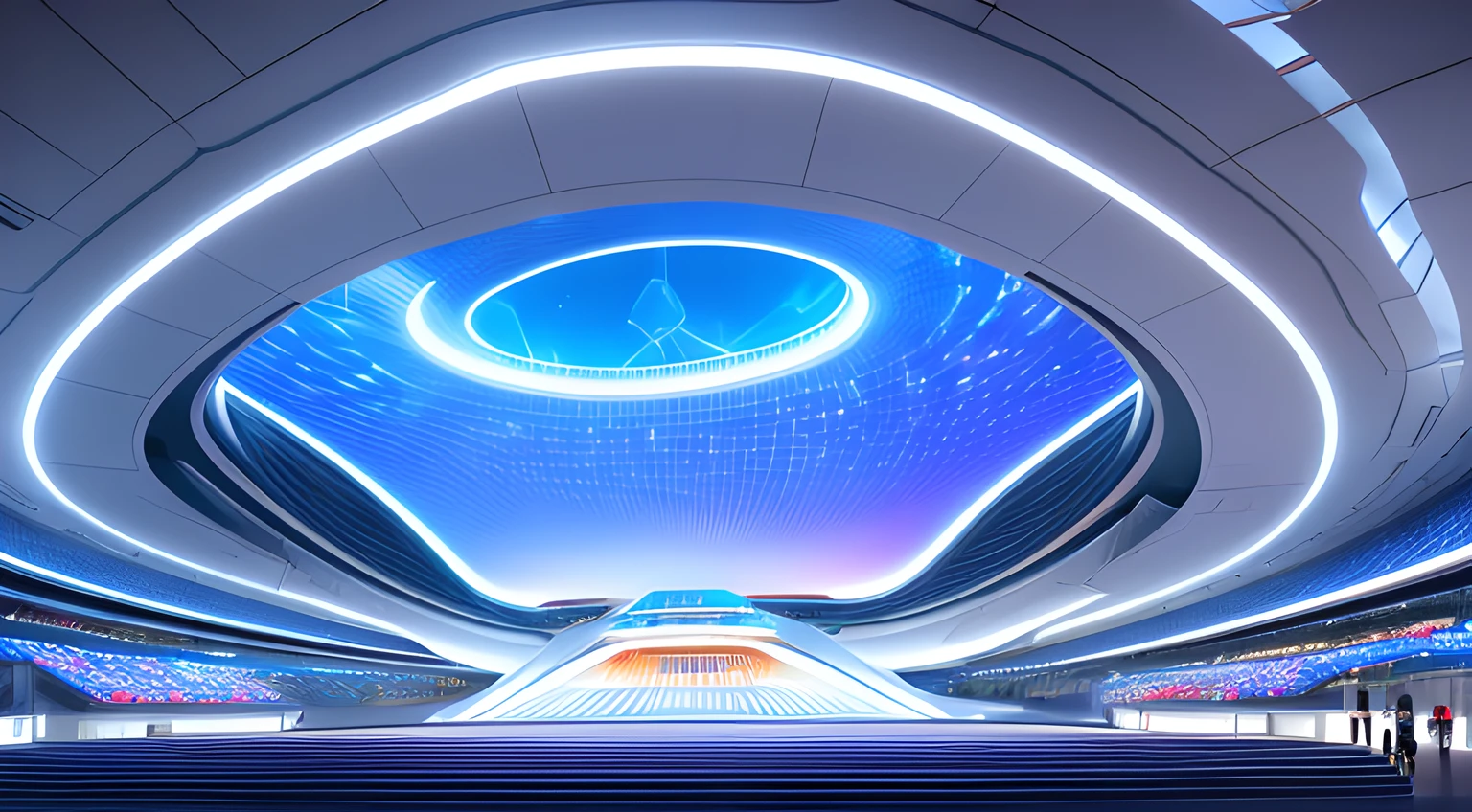 Stage,Concert,theater,peeping at the viewer,lamplight,tmasterpiece,Works of masters,best qualtiy,llight rays,rendering,。.。.3D, author:Chass is silent, futuristic sport arena, portal. zaha hadid, inspired by Zha Shibiao, zaha hadid octane highly render,