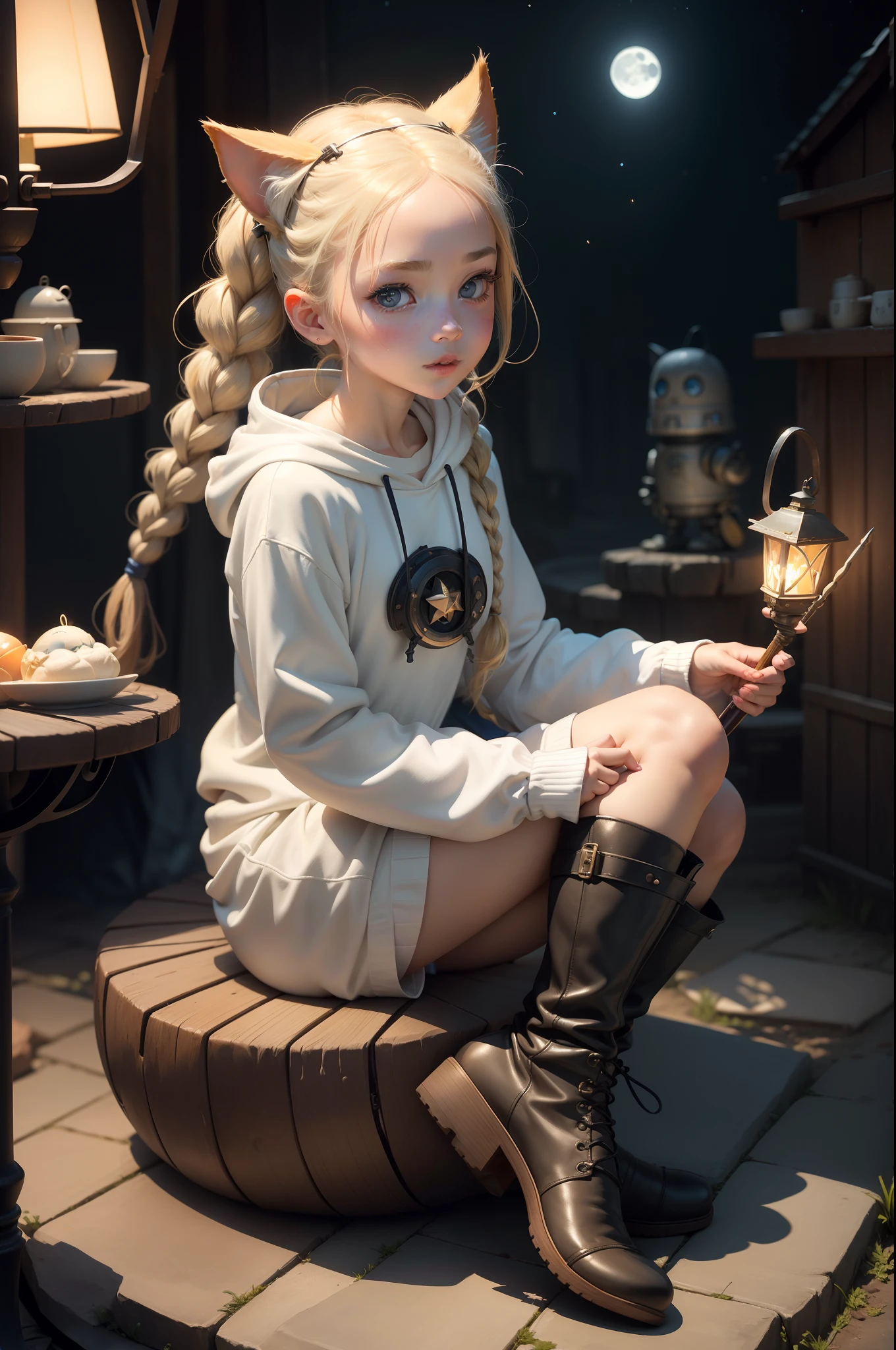 Top image quality、​masterpiece、Norman Rockwell's style、Calm sea of the moon、Beautiful fair-skinned girl in long sleeve hoodie、spaces 、Star 3D、The iris is blue、Cute little face、a small face、Light makeup、Two cat ears on the head、blonde hair in braids、tiny chest、Big buttocks、sitting on、Full body like、She holds a magic wand in her right hand、 She has a lantern hanging in her left hand、Low-rise shorts、Leather boots、Robot with round head and three legs of long color on background、thirds rule、Ultra-wide low-angle