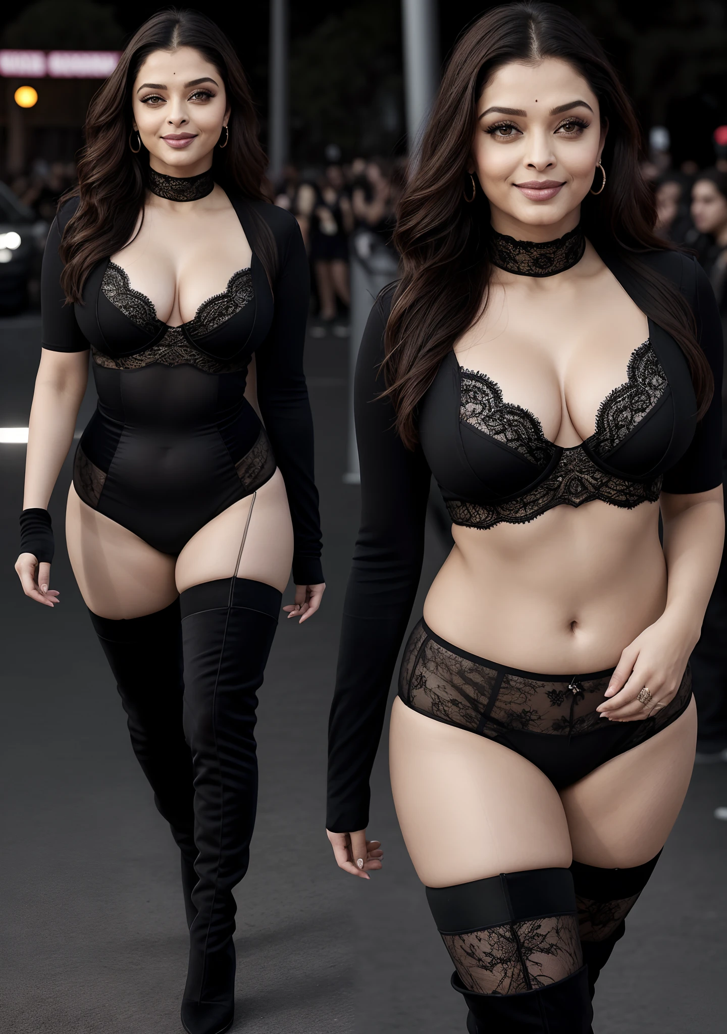 Aishwarya Rai Bachchan as pornstar, athletic curvy milf body, thigh high boots, exposing body in minimum transparent micro lace black lingerie, deepcut neckline, thighs show, skin show, posing in cannes red carpet, no bindi, hourglass figure, big breasts, 90% breasts popping out, massive cleavage show, nipple slip, seductive face, look at a camera and smile, high ponytail hair, erotic adult face, 42 yo, soft volumetric lights, intricate details, (ArtStation:1.2)