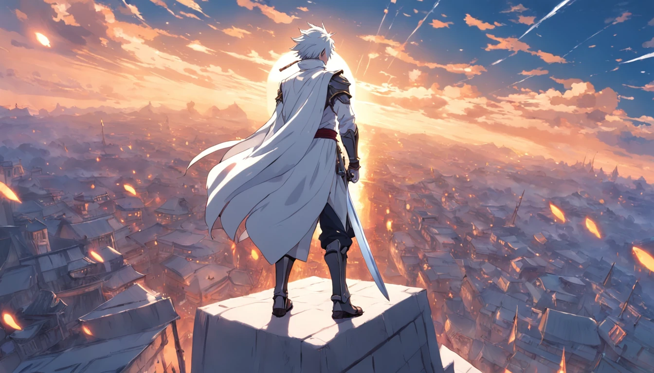 A white-clad swordsman stands on a floating roof,Behind him is a huge sun