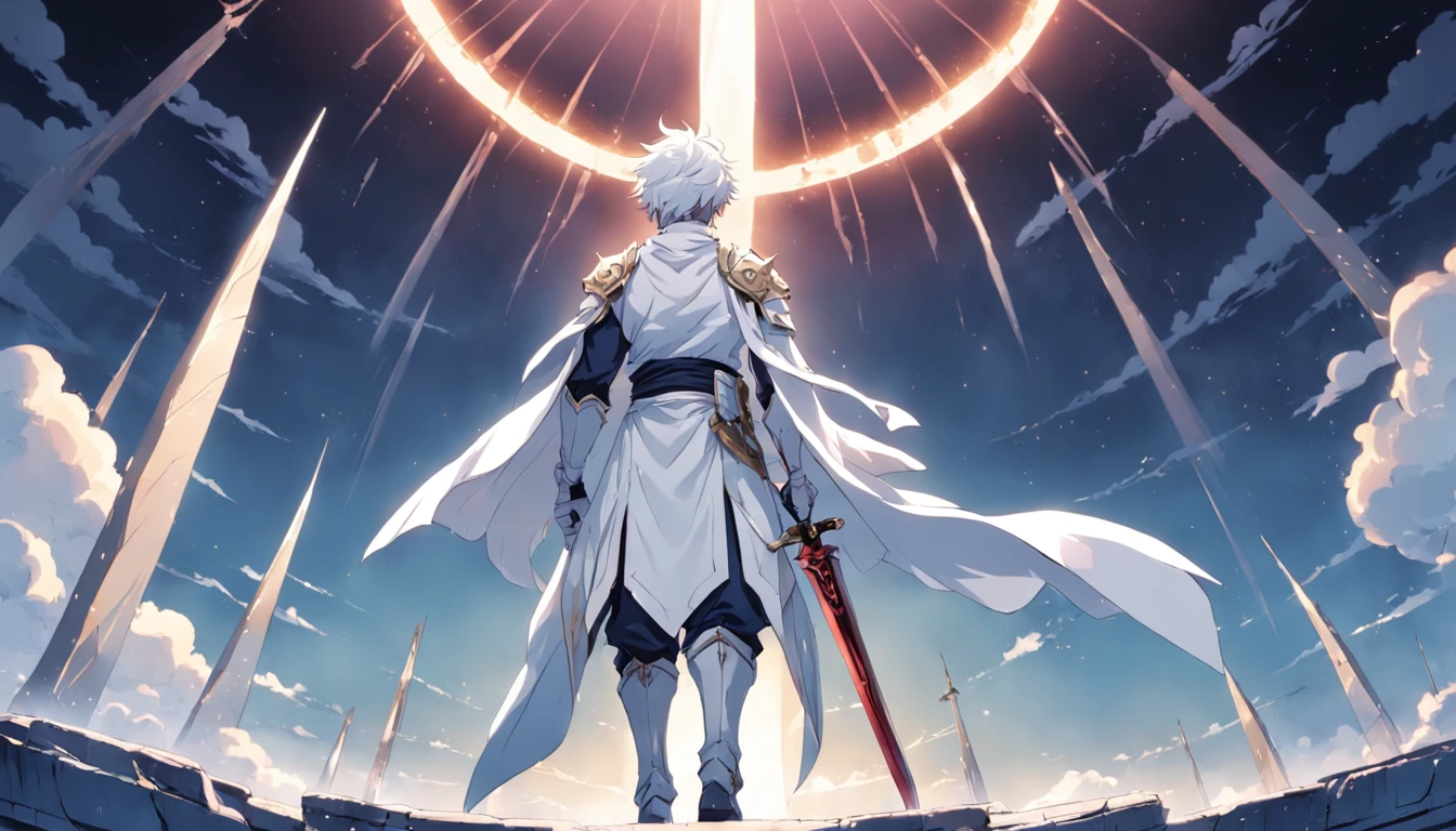 A white-clad swordsman stands on a floating roof,Behind him is a huge sun