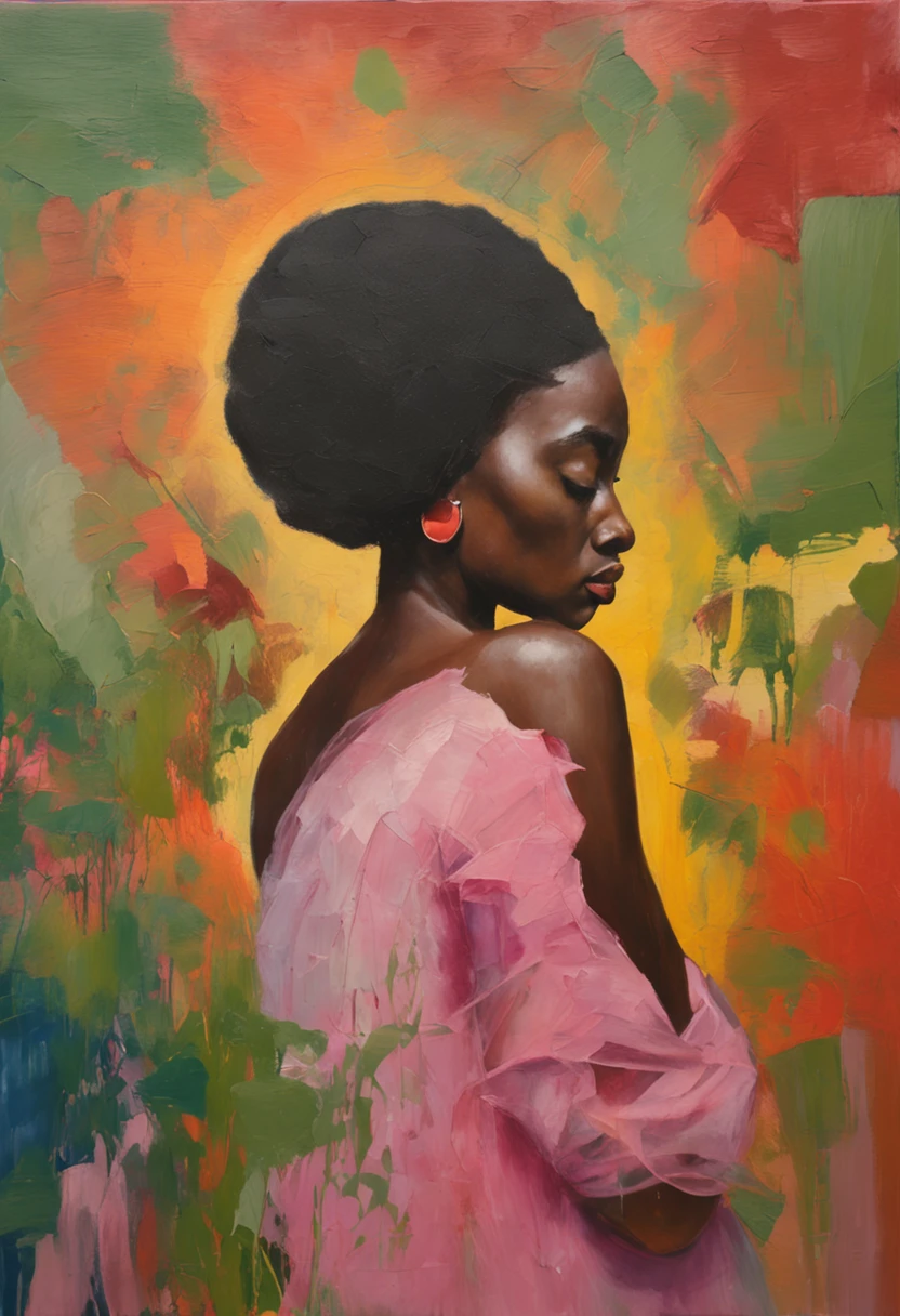 (obra-prima, melhor qualidade),1garota morena com cabelos enrolados sentada em um campo de plantas e flores verdes, the hand under his chin, warm ilumination, vestido rosa, primeiro plano desfocado