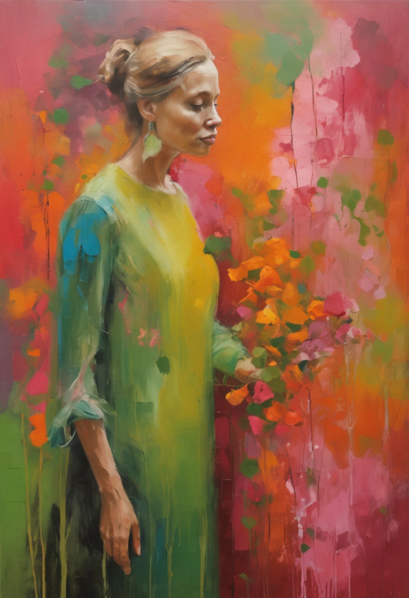 (obra-prima, melhor qualidade),1garota morena com cabelos enrolados sentada em um campo de plantas e flores verdes, the hand under his chin, warm ilumination, vestido rosa, primeiro plano desfocado