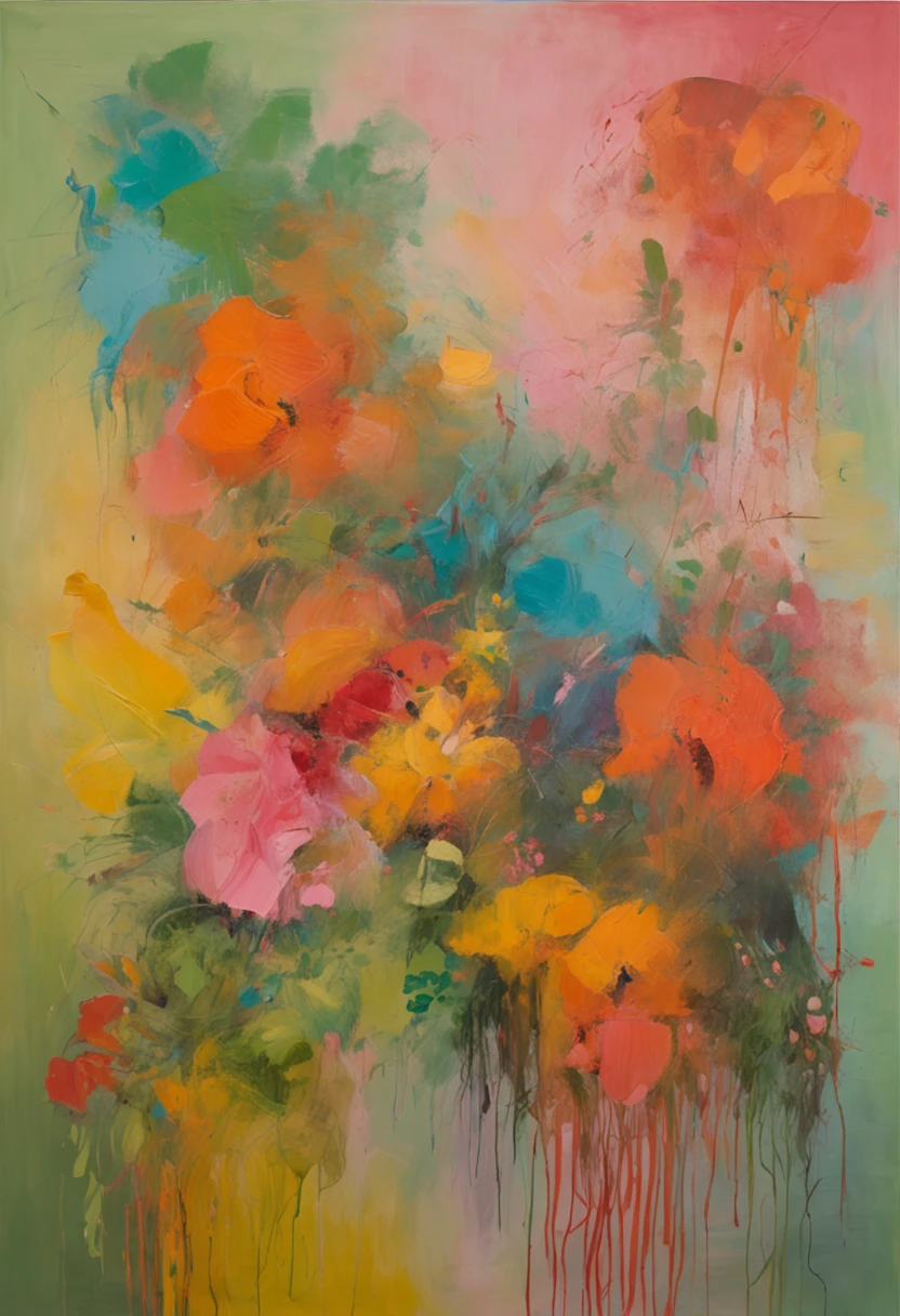 (obra-prima, melhor qualidade),1garota morena com cabelos enrolados sentada em um campo de plantas e flores verdes, the hand under his chin, warm ilumination, vestido rosa, primeiro plano desfocado