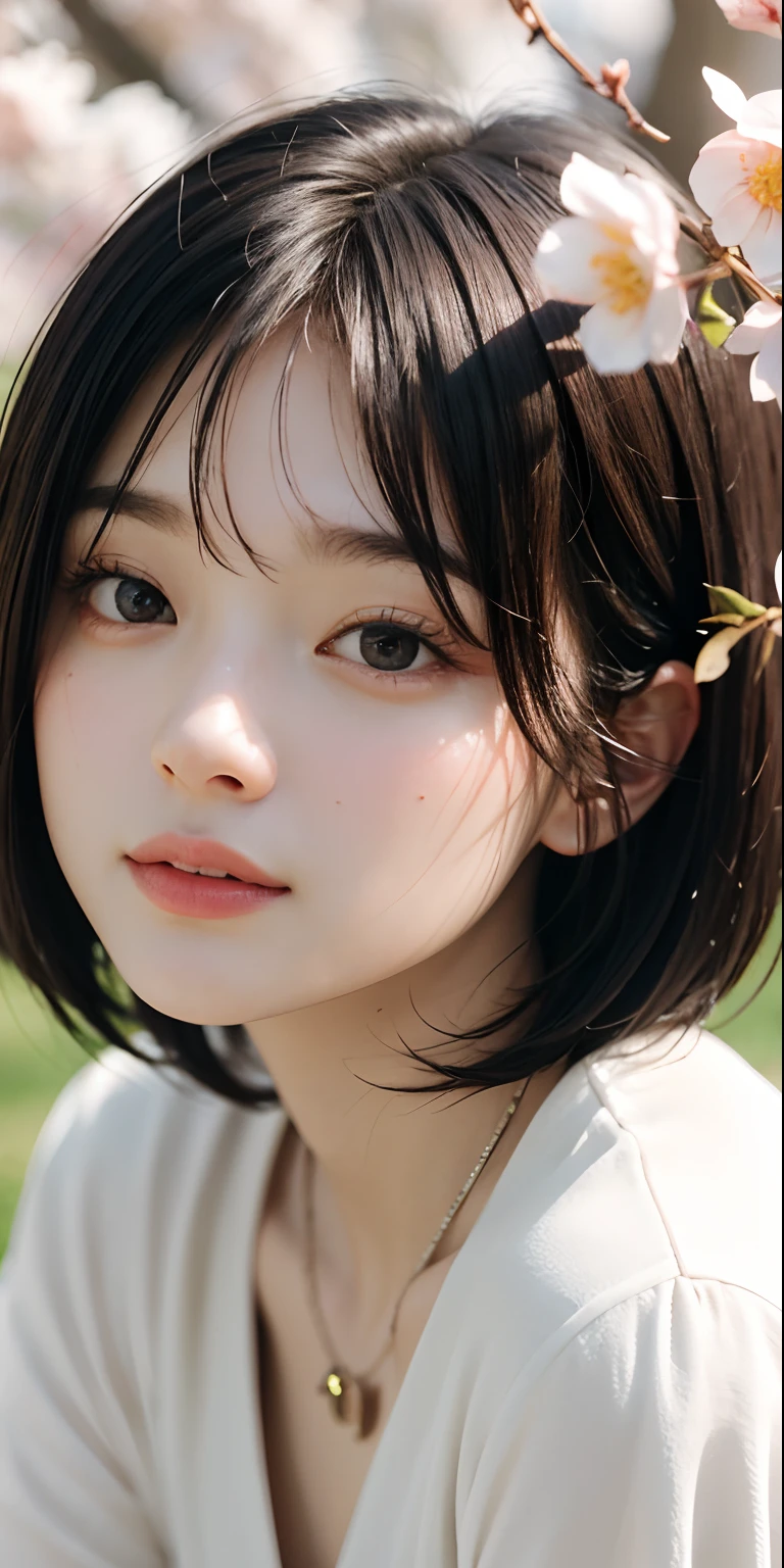 ((top-quality、​masterpiece))、Raw photography、8K、top-quality、 超A high resolution、Beautiful face in every detail、Realistic human skin、Gentle expression、front-facing view、Farbe々From an angle、(Bob Hair:1.5)、realisitic、Photorealsitic、cute little、springtime、cherry trees、White Dress、a necklace、bangss、